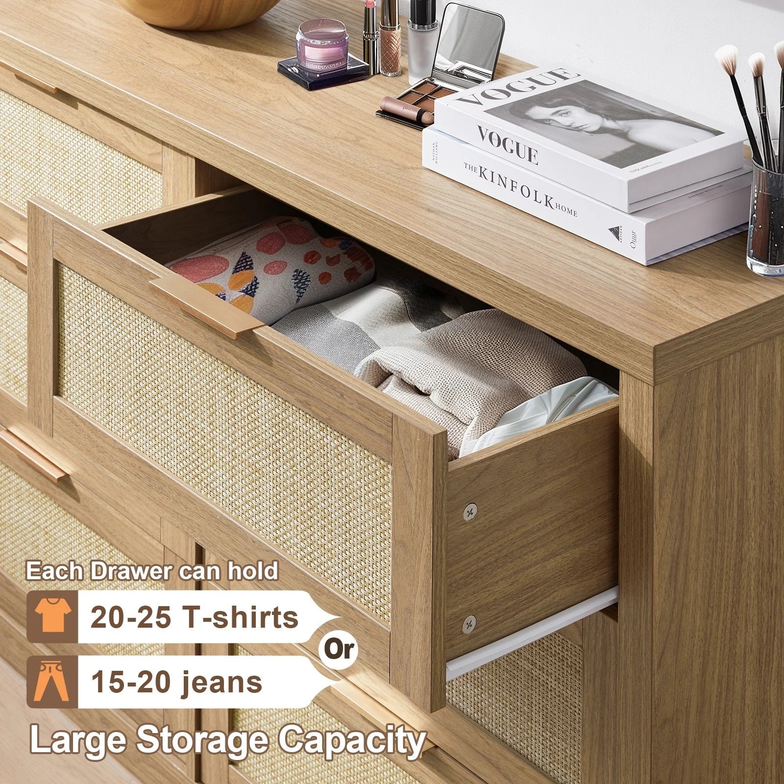 Tallboy Hallway Console Table/Rattan Storage Sideboard Chest of Drawers Weathered Oak