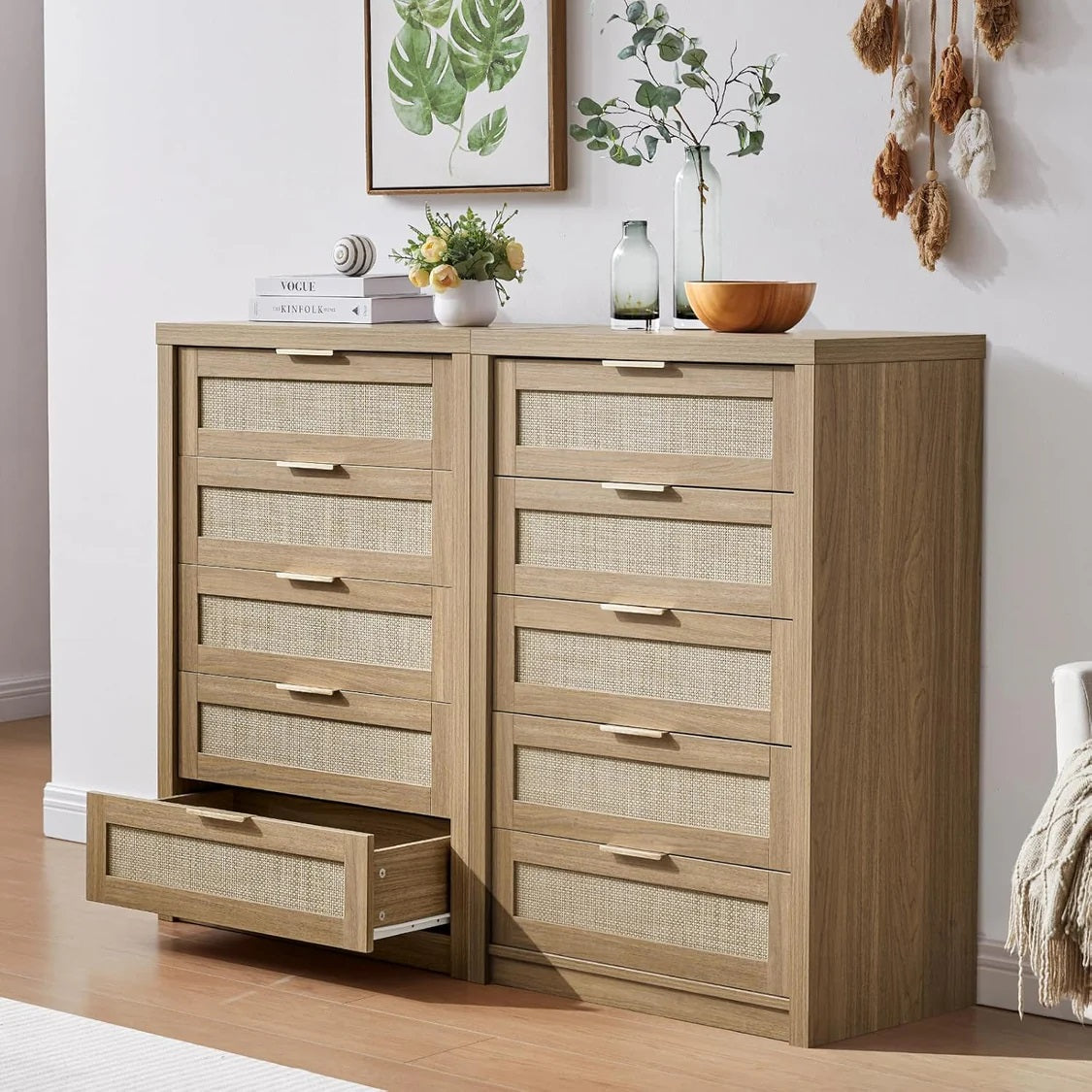 5 Drawers Dresser Tallboy Storage Cabinet/Rattan Drawers/Hallway Console Table Weathered Oak