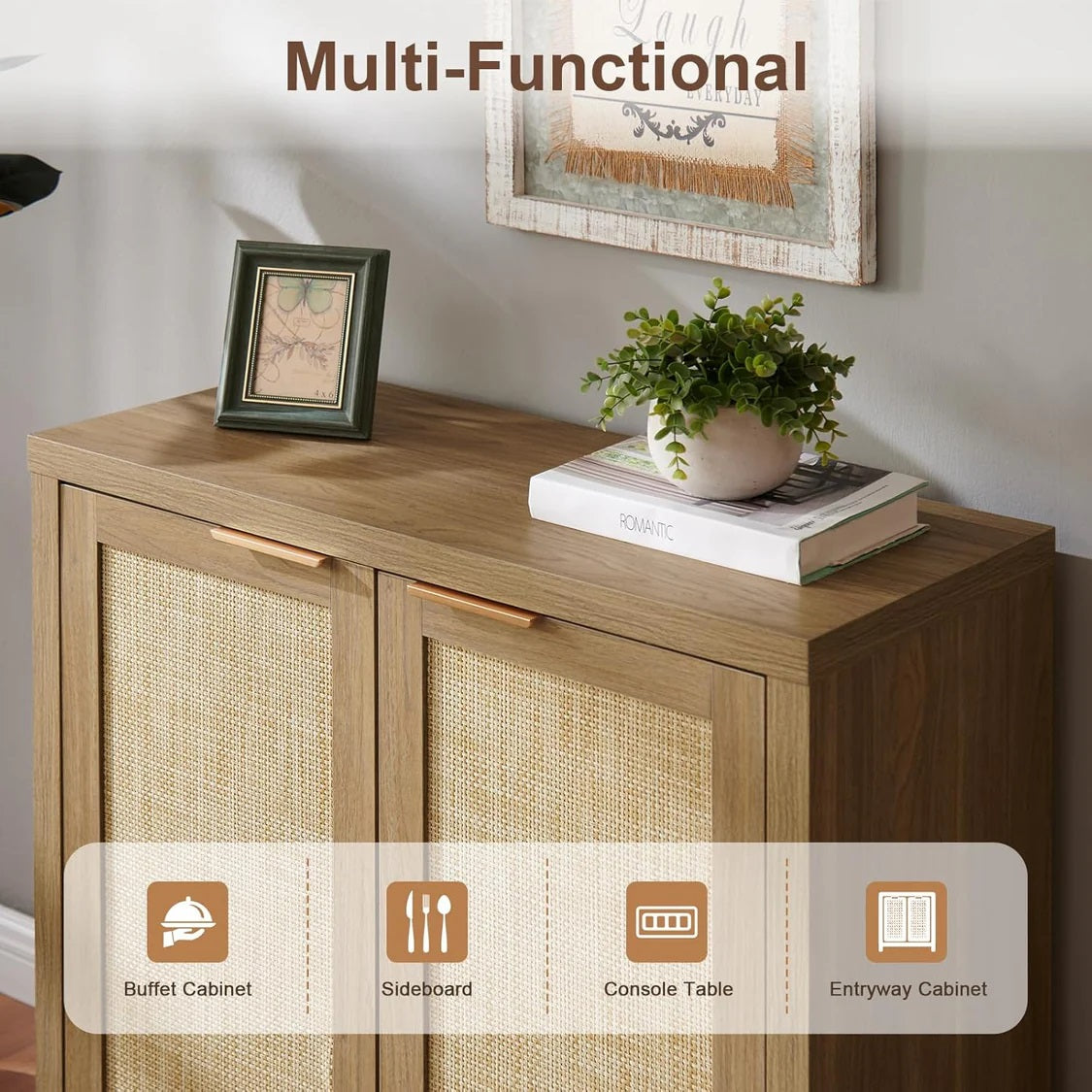 Hampstead Shoe Cabinet/Buffet/Sideboard/Accent Cabinet with Rattan Doors Weathered Oak