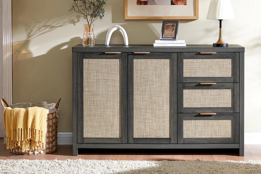 Rattan Dresser Tallboy Storage Cabinet/Buffet Sideboard/Hallway Table Midnight Oak