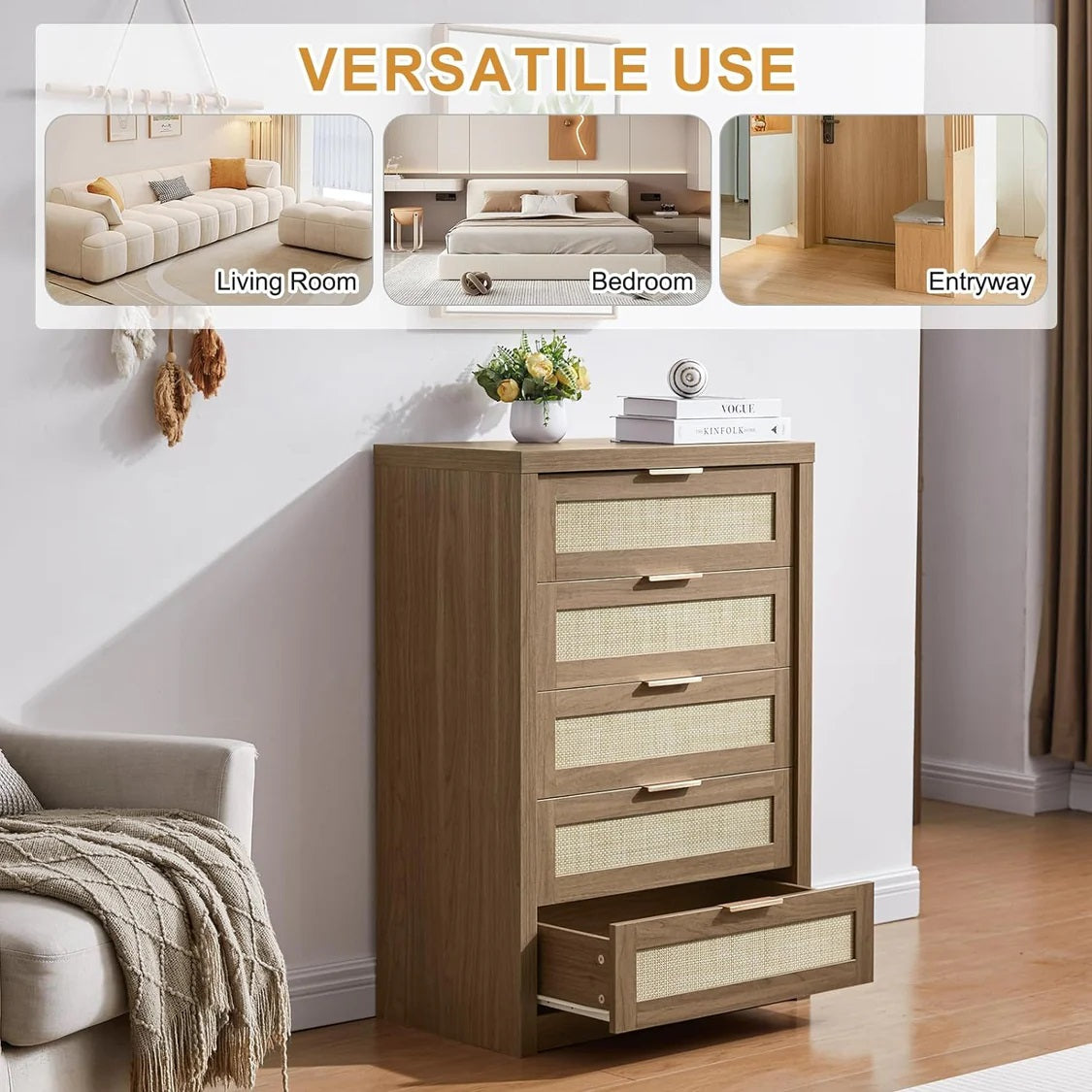 5 Drawers Dresser Tallboy Storage Cabinet/Rattan Drawers/Hallway Console Table Walnut