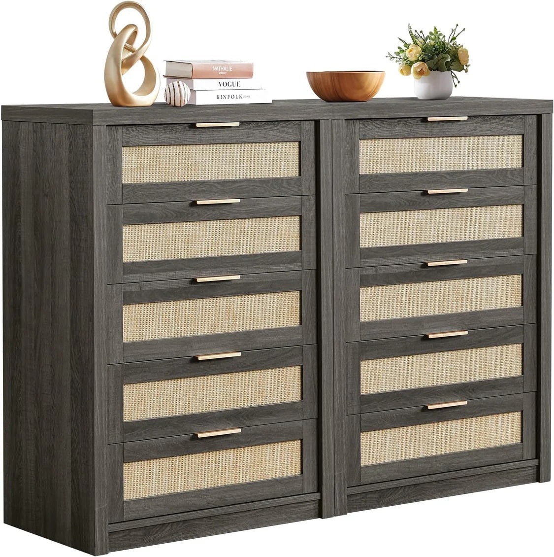 5 Drawers Dresser Tallboy Storage Cabinet/Rattan Drawers/Hallway Console Table Midnight Oak