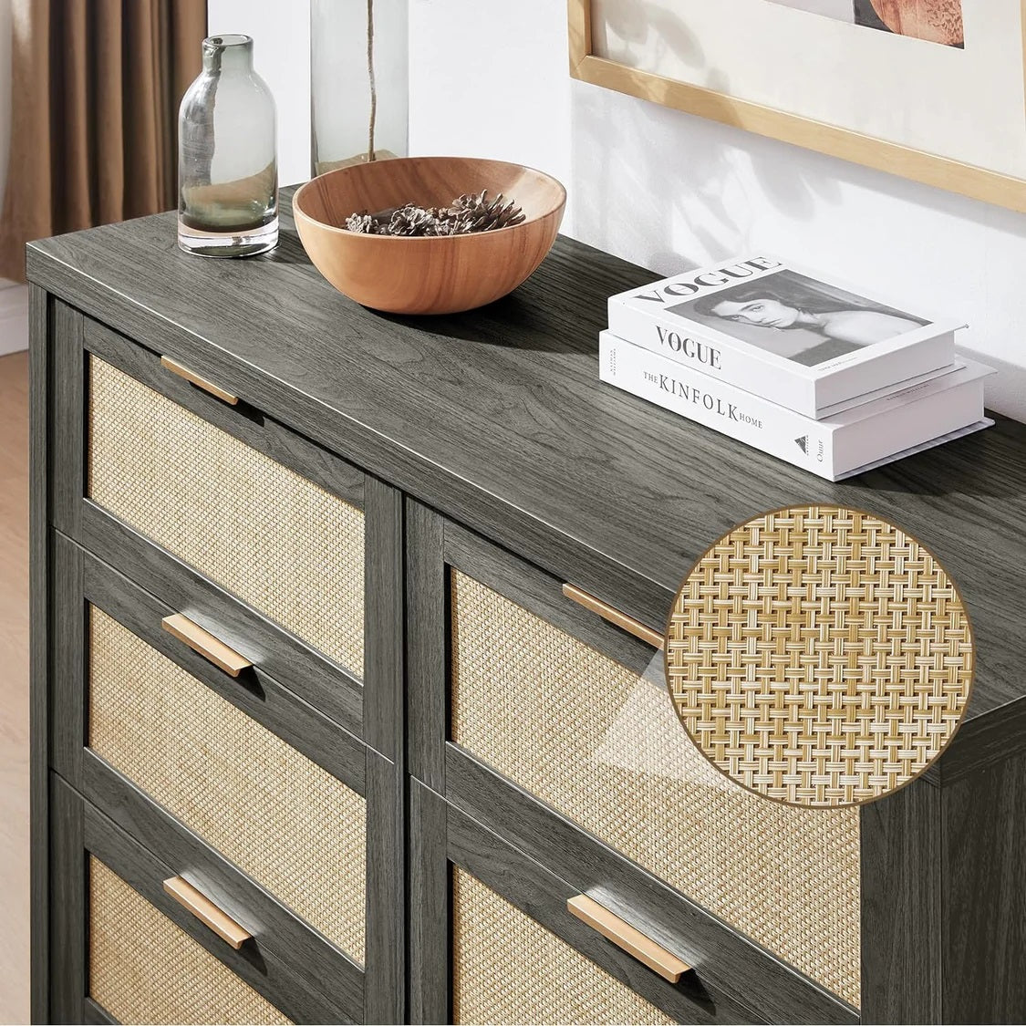Tallboy Hallway Console Table/Rattan Storage Sideboard Chest of Drawers Midnight Oak