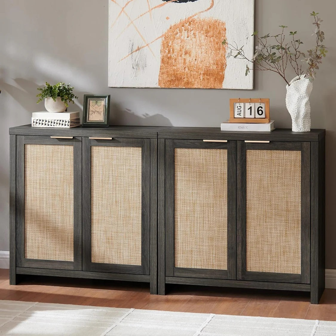 Hampstead Shoe Cabinet/Buffet/Sideboard/Accent Cabinet with Rattan Doors Midnight Oak