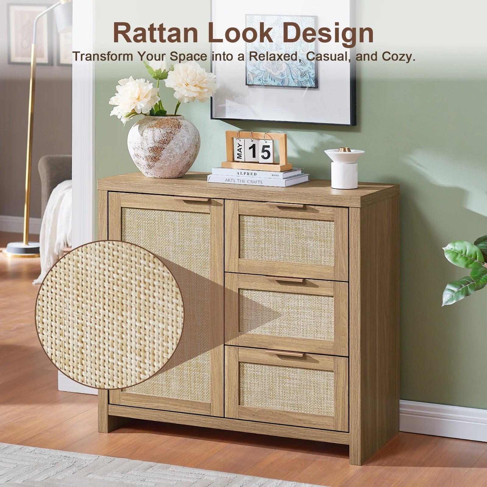 Hampstead Storage Cabinet/Hallway Console Table/Sideboard/Accent Cabinet with Rattan Drawers Midnight Oak Weathered Oak