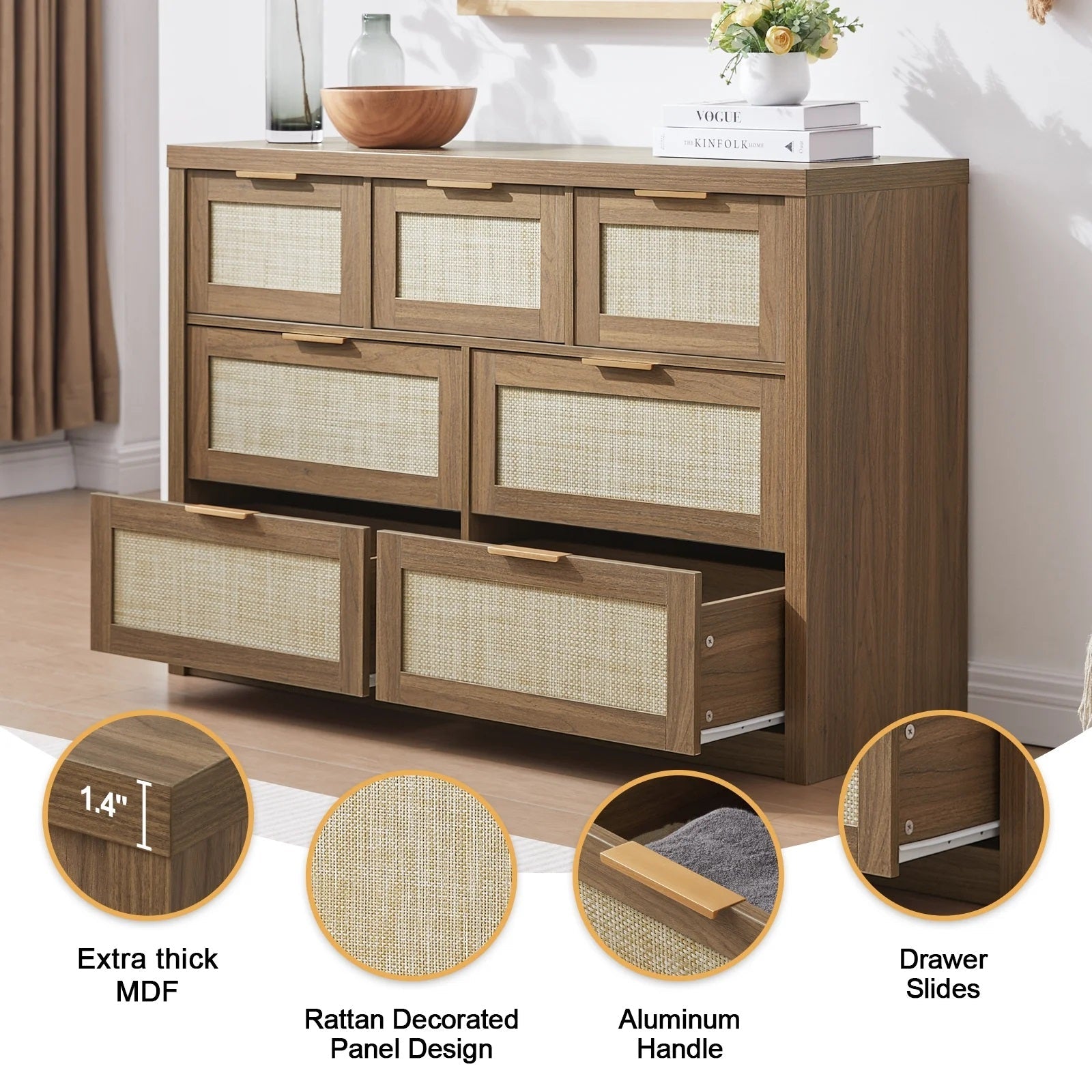 Rattan Hallway Console Sideboard/Tallboy Storage Cabinet Dresser Walnut