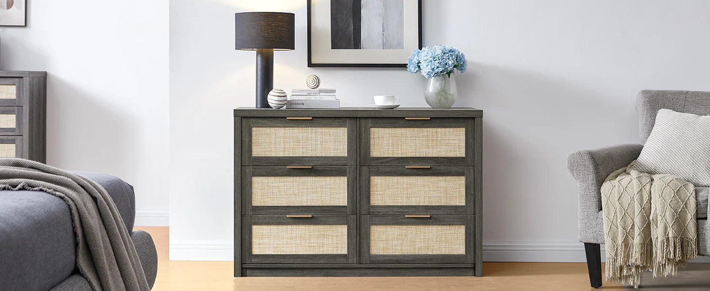 Tallboy Hallway Console Table/Rattan Storage Sideboard Chest of Drawers Midnight Oak