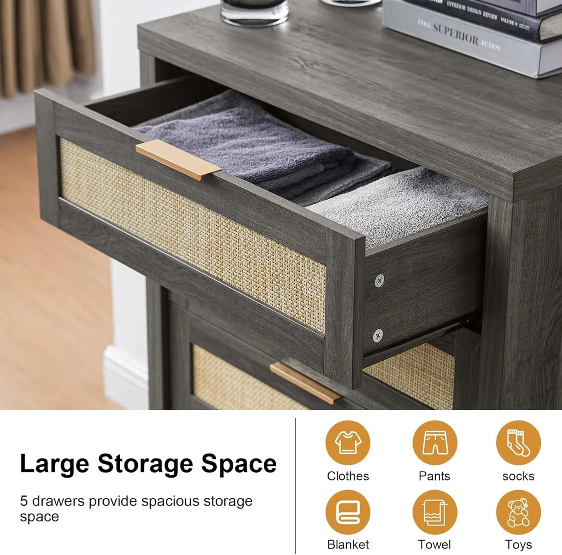 5 Drawers Dresser Tallboy Storage Cabinet/Rattan Drawers/Hallway Console Table Midnight Oak