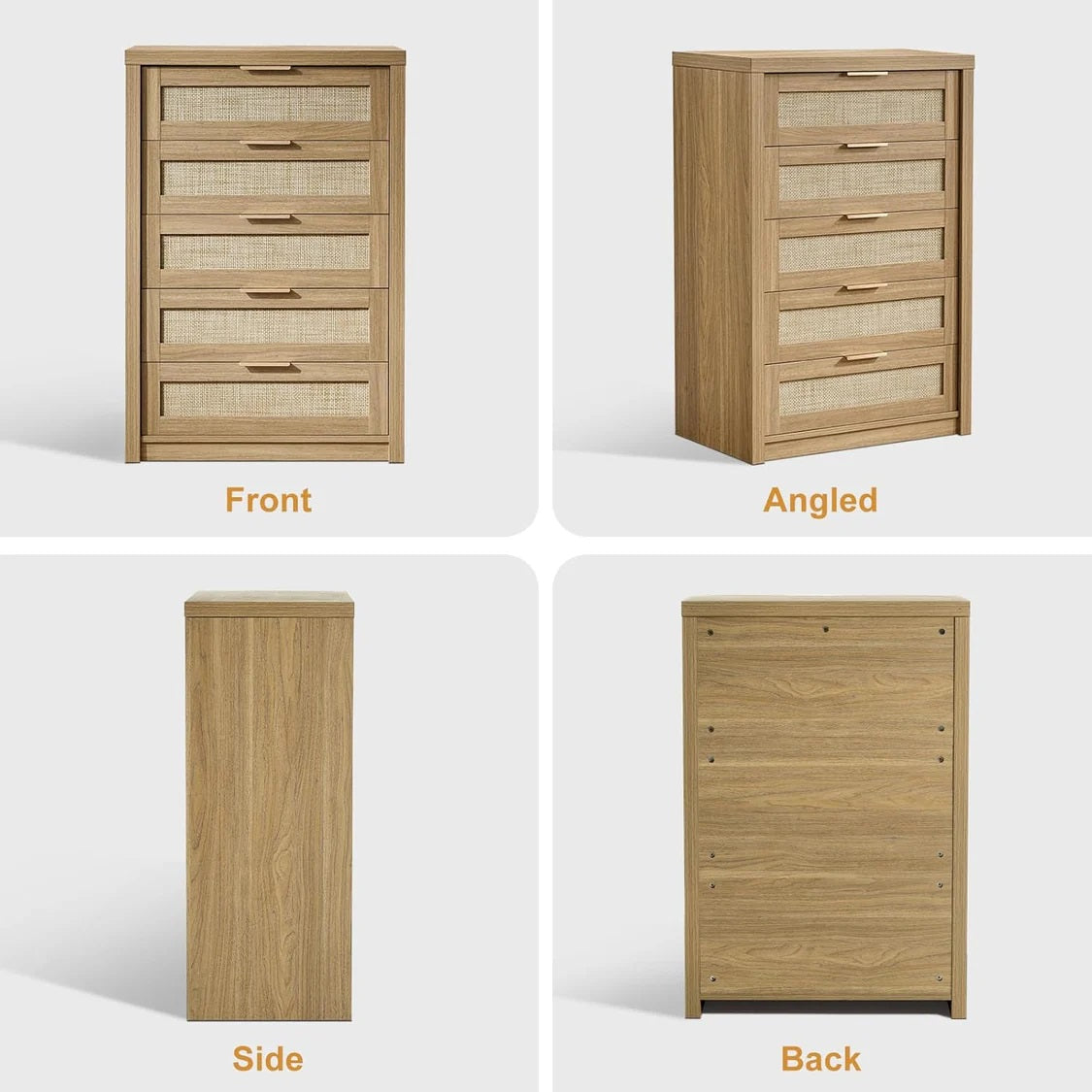 5 Drawers Dresser Tallboy Storage Cabinet/Rattan Drawers/Hallway Console Table Weathered Oak