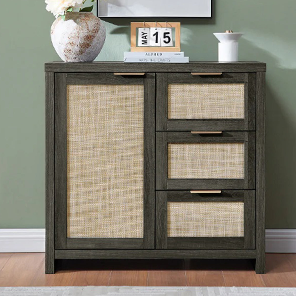 Hampstead Hallway Console Cabinet/Sideboard/Accent Cabinet with Rattan Drawers Midnight Oak