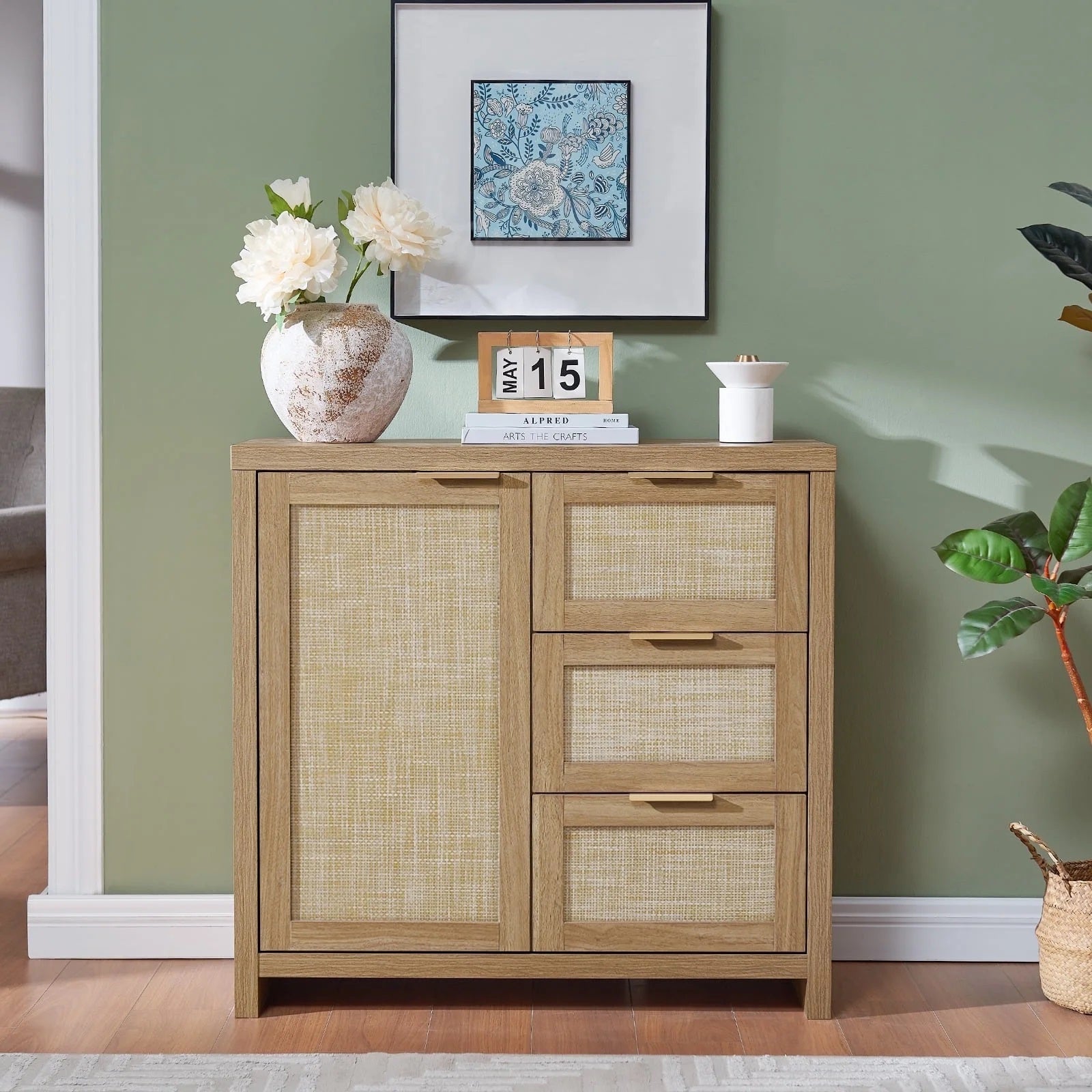 Hampstead Storage Cabinet/Hallway Console Table/Sideboard/Accent Cabinet with Rattan Drawers Midnight Oak Weathered Oak