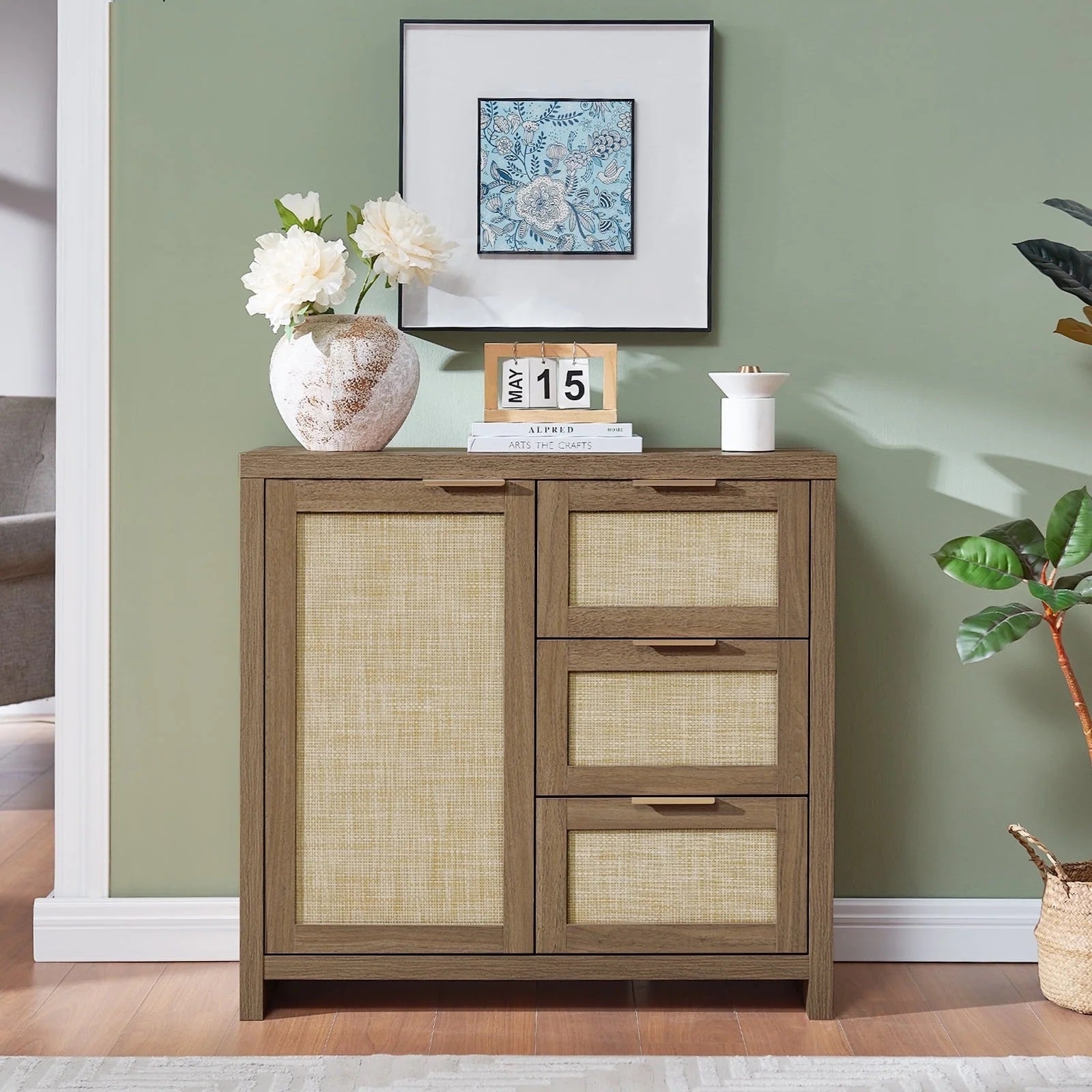 Hampstead Hallway Console/Buffet/Sideboard/Accent Cabinet with Rattan Drawers Walnut