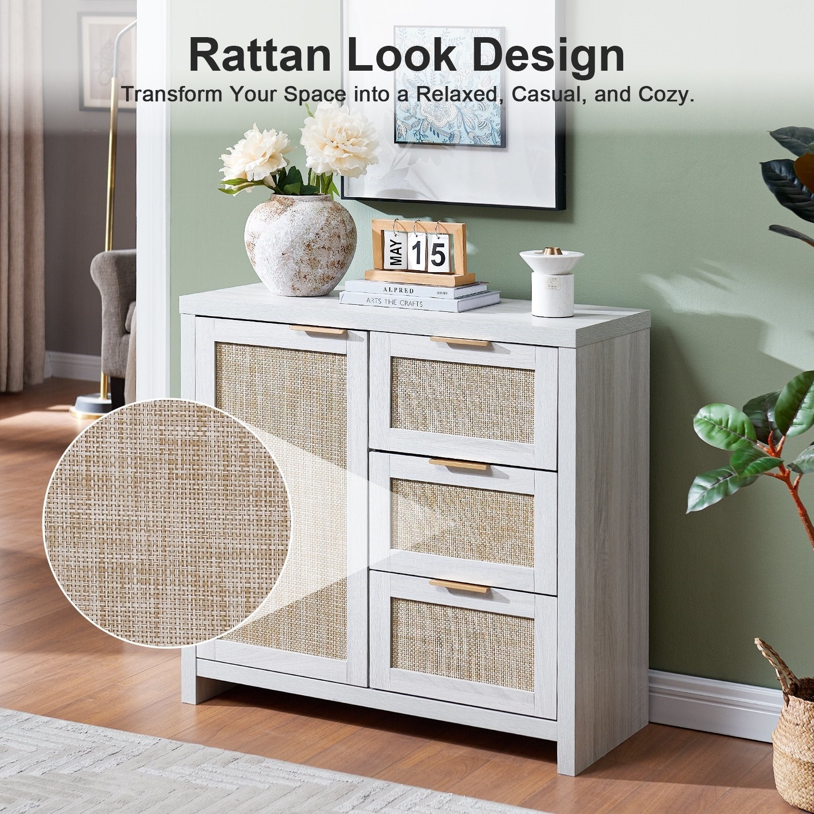 Hampstead Storage Cabinet/Hallway Console Table/Sideboard/Accent Cabinet with Rattan Drawers Pale Oak