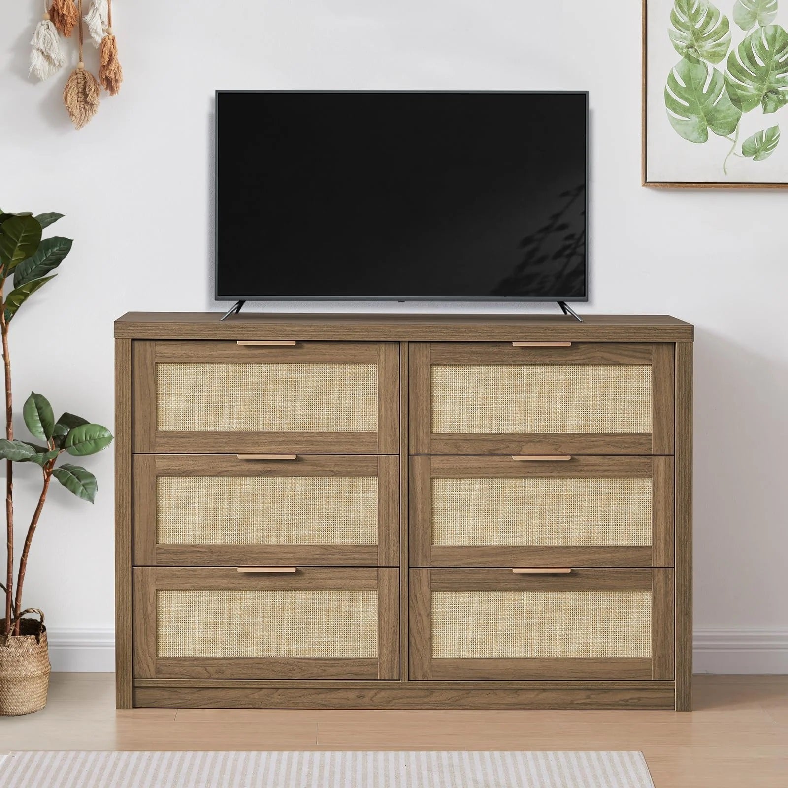 Tallboy Hallway Console Table/Rattan Storage Sideboard Chest of Drawers Walnut