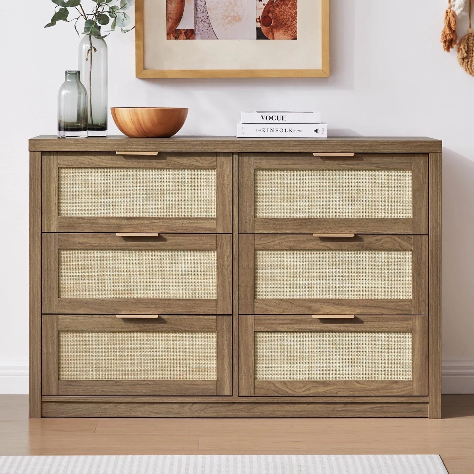 Tallboy Hallway Console Table/Rattan Storage Sideboard Chest of Drawers Walnut