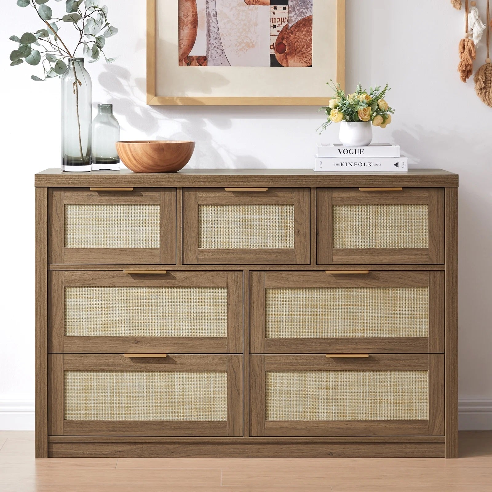 Rattan Hallway Console Sideboard/Tallboy Storage Cabinet Dresser Walnut