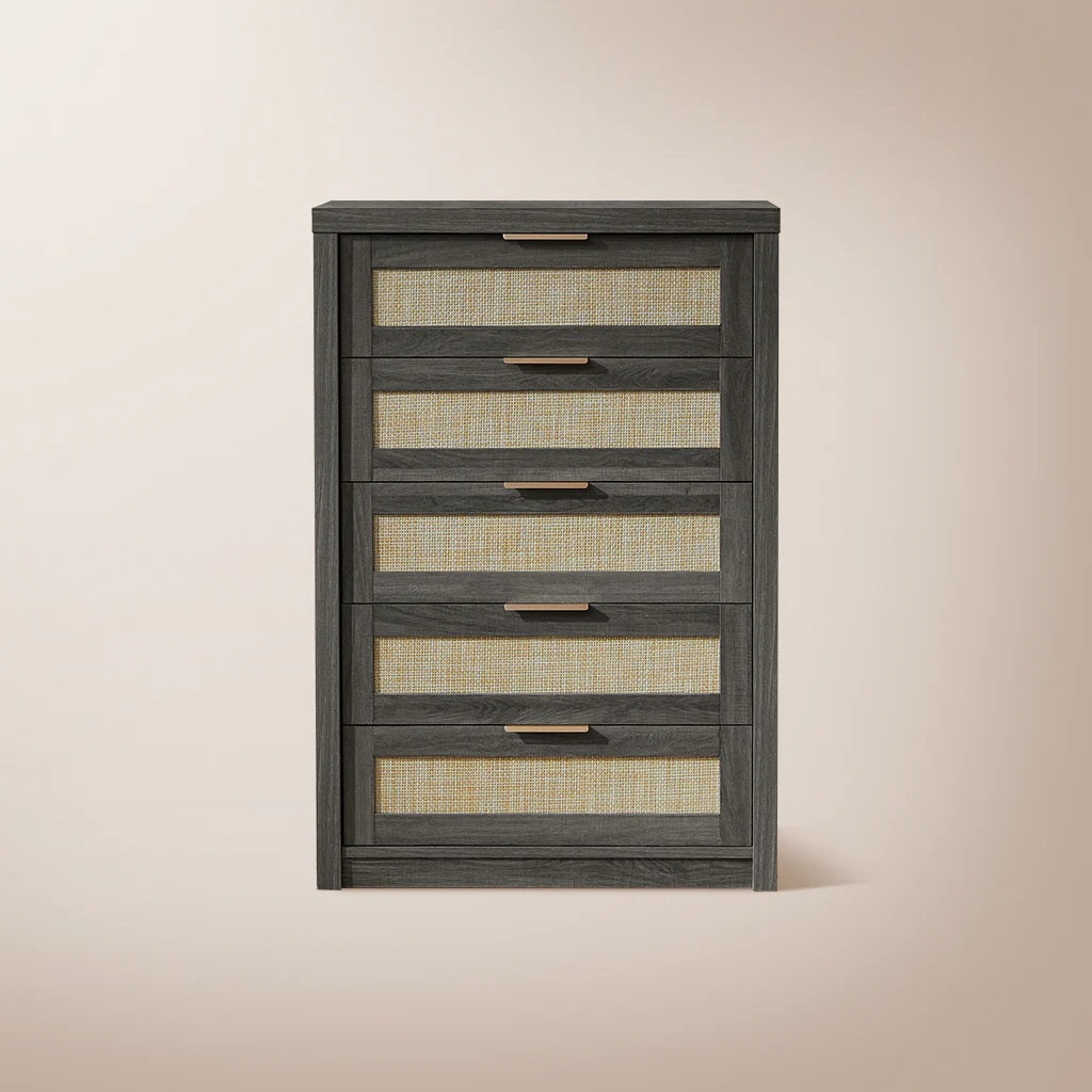 5 Drawers Dresser Tallboy Storage Cabinet/Rattan Drawers/Hallway Console Table Midnight Oak