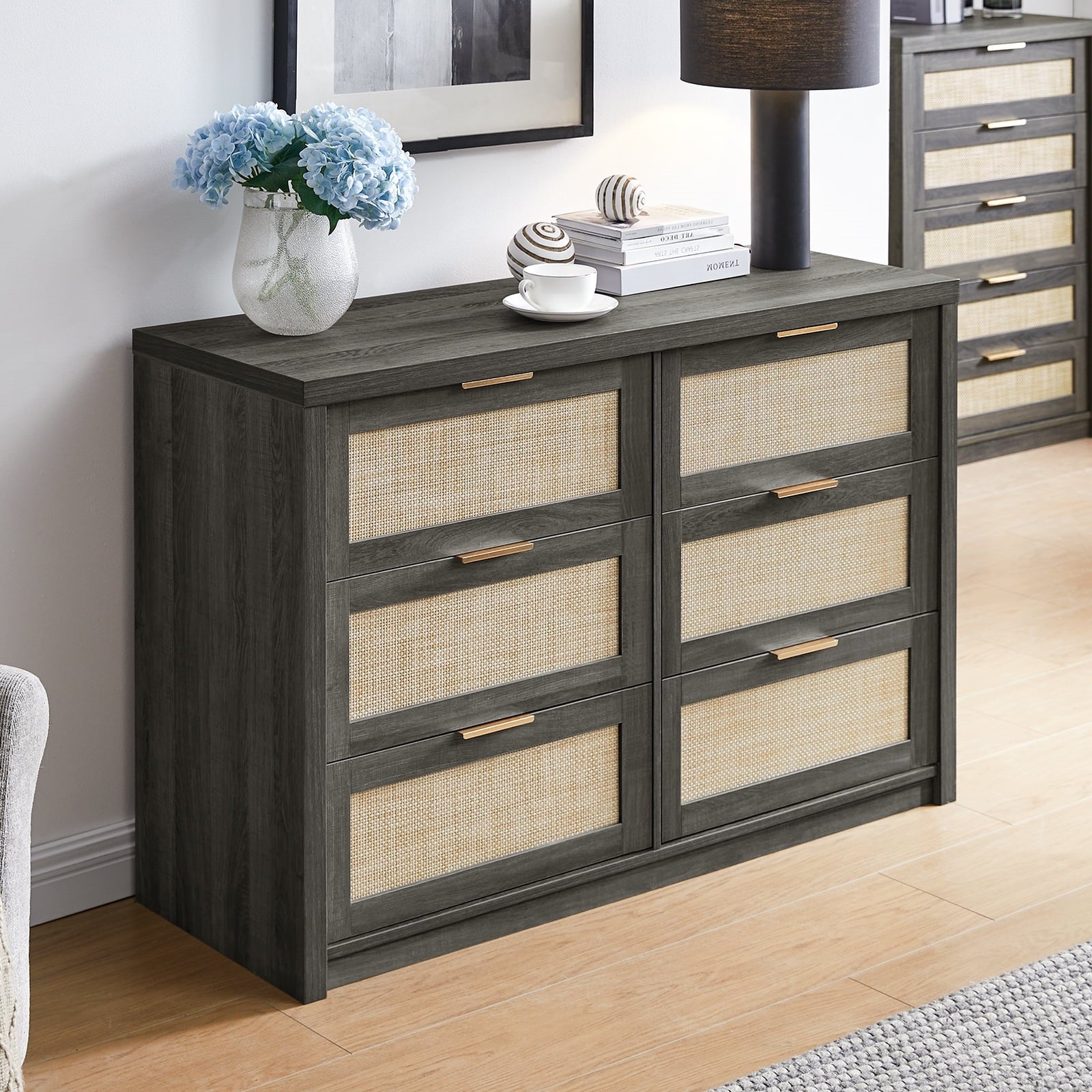 Tallboy Hallway Console Table/Rattan Storage Sideboard Chest of Drawers Midnight Oak