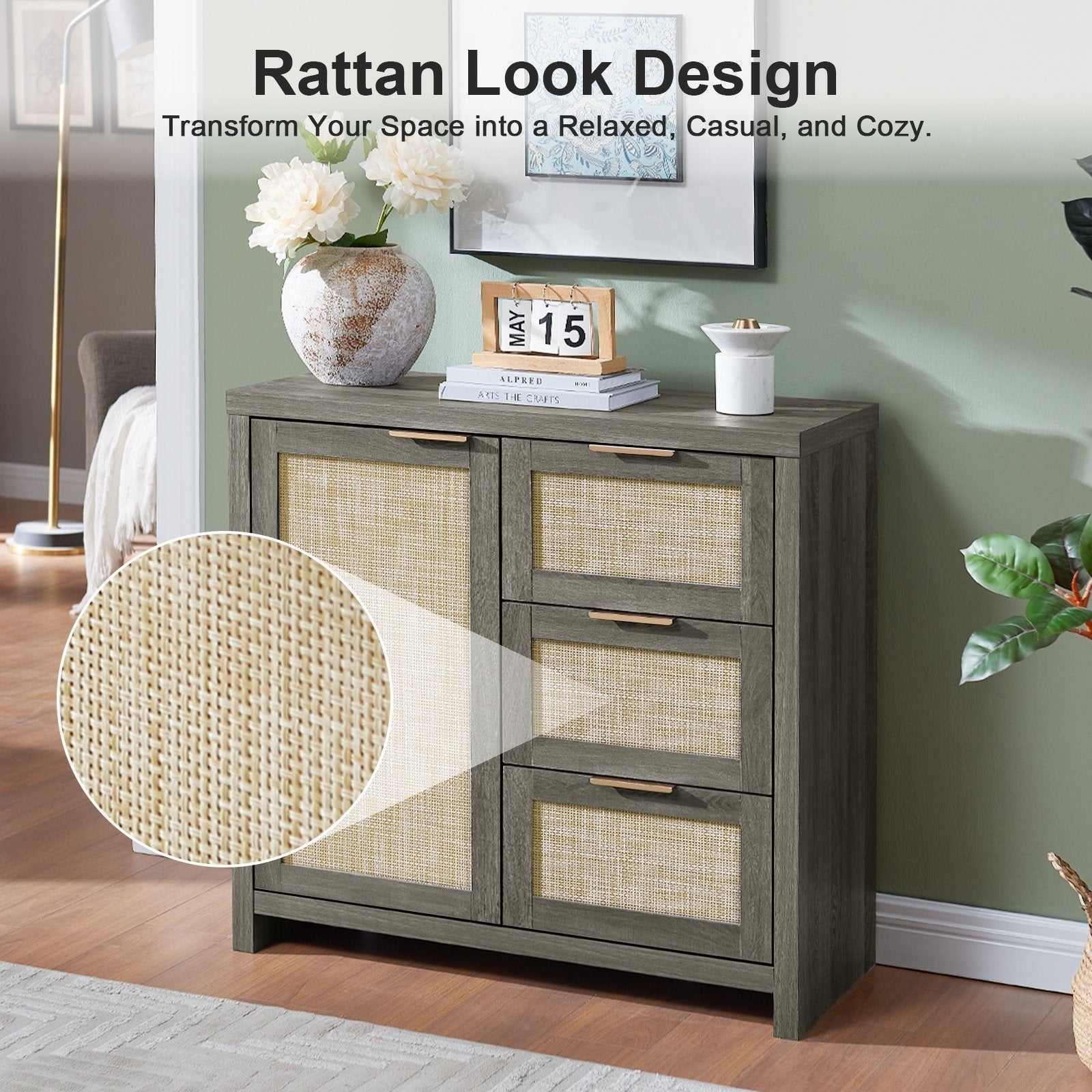 Hampstead Hallway Console Cabinet/Sideboard/Accent Cabinet with Rattan Drawers Midnight Oak