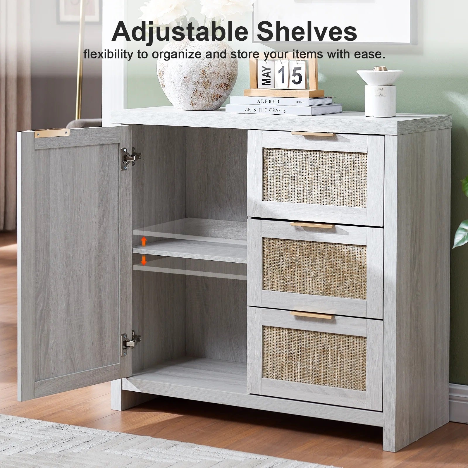 Hampstead Storage Cabinet/Hallway Console Table/Sideboard/Accent Cabinet with Rattan Drawers Pale Oak