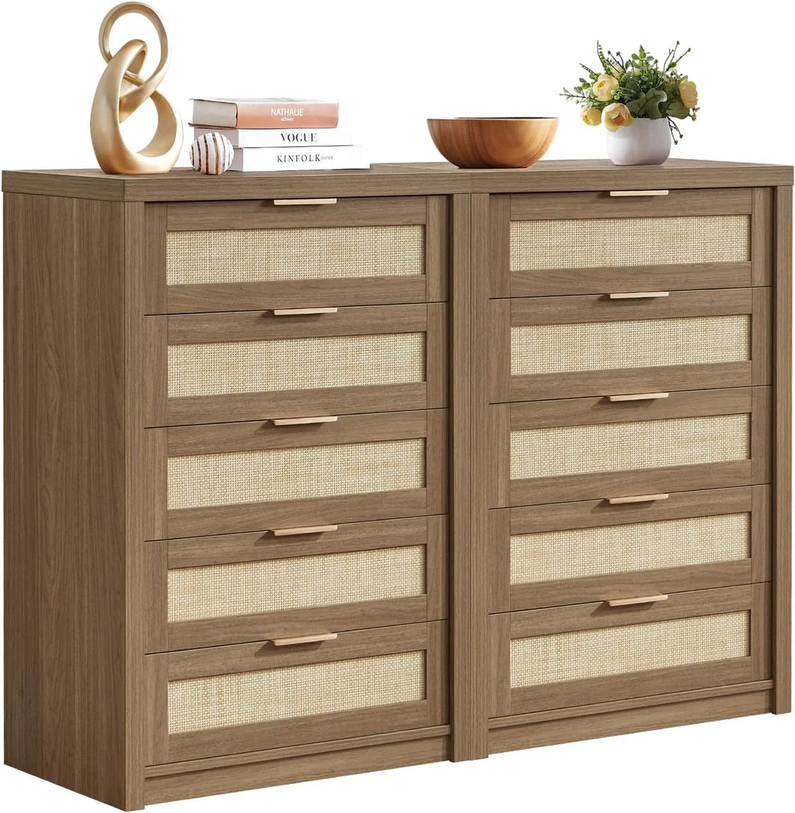 5 Drawers Dresser Tallboy Storage Cabinet/Rattan Drawers/Hallway Console Table Walnut