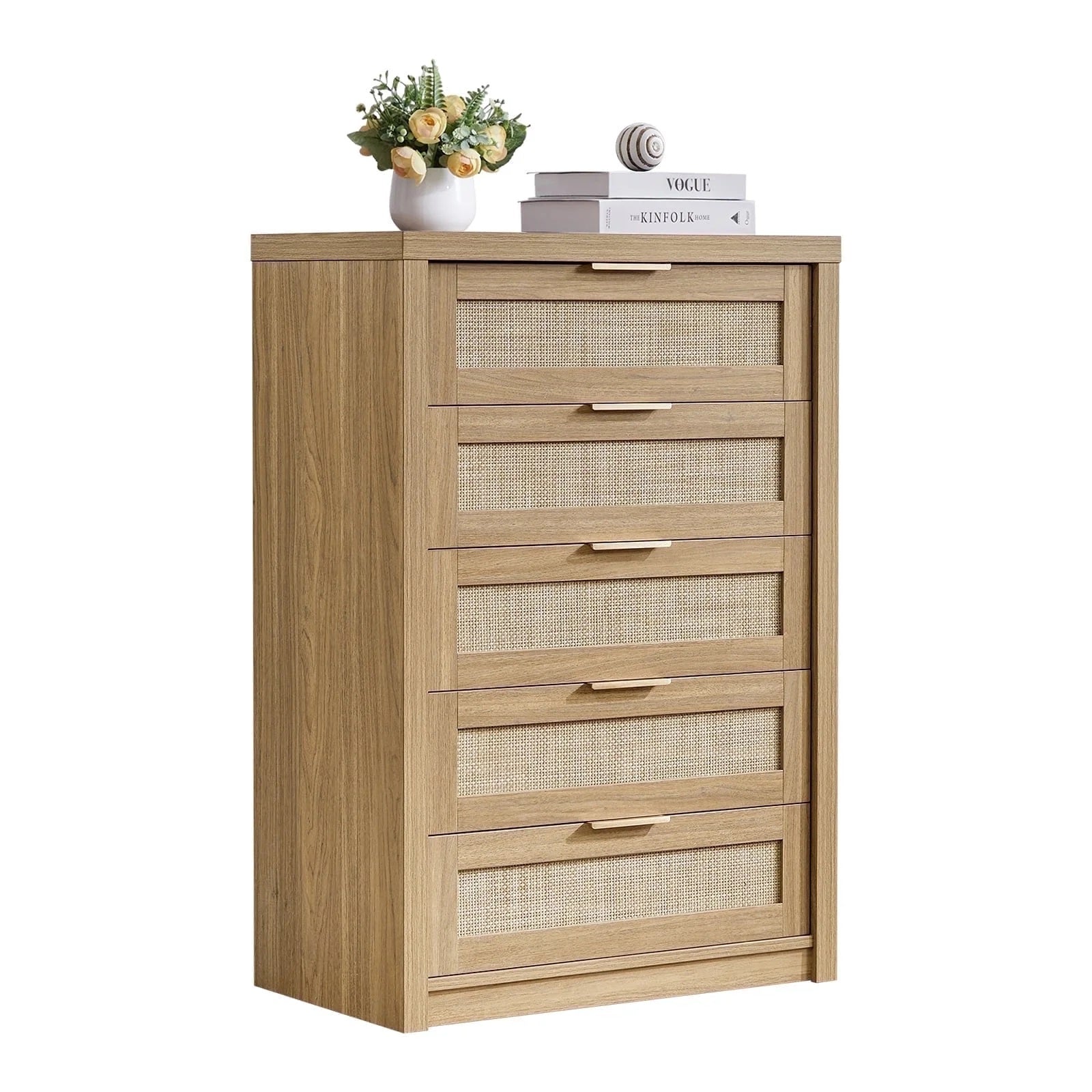 5 Drawers Dresser Tallboy Storage Cabinet/Rattan Drawers/Hallway Console Table Weathered Oak