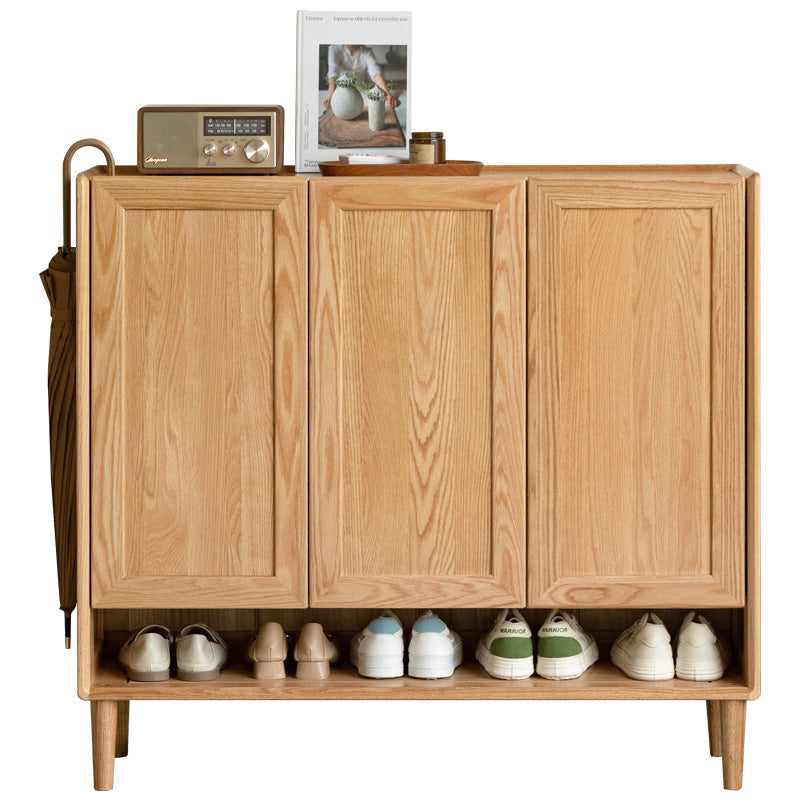FSC Certified Solid American Oak Three-Door Shoe Cabinet with Bottom Open Shelf