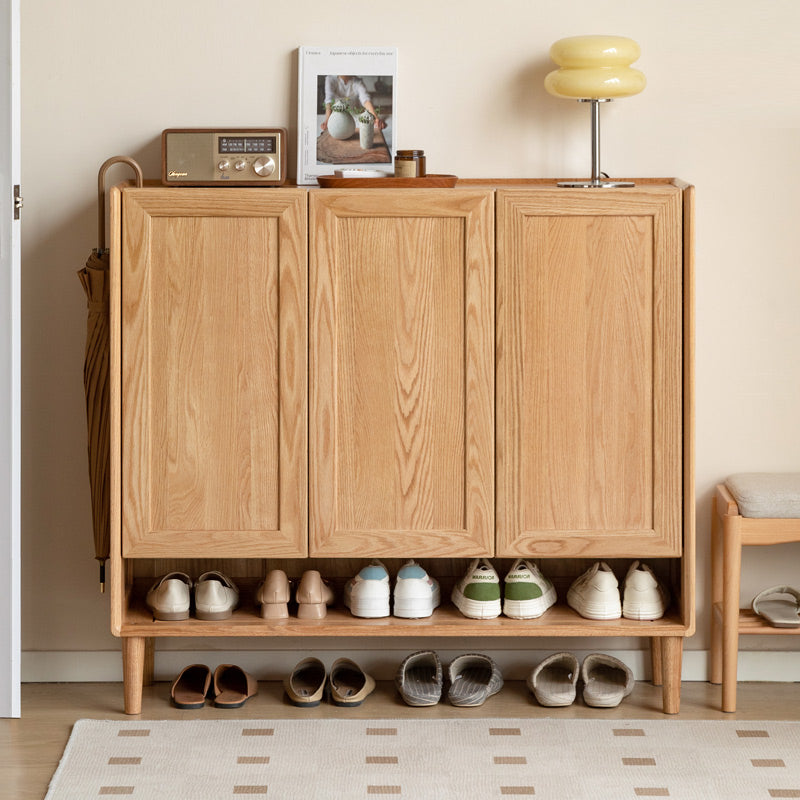 FSC Certified Solid American Oak Three-Door Shoe Cabinet with Bottom Open Shelf