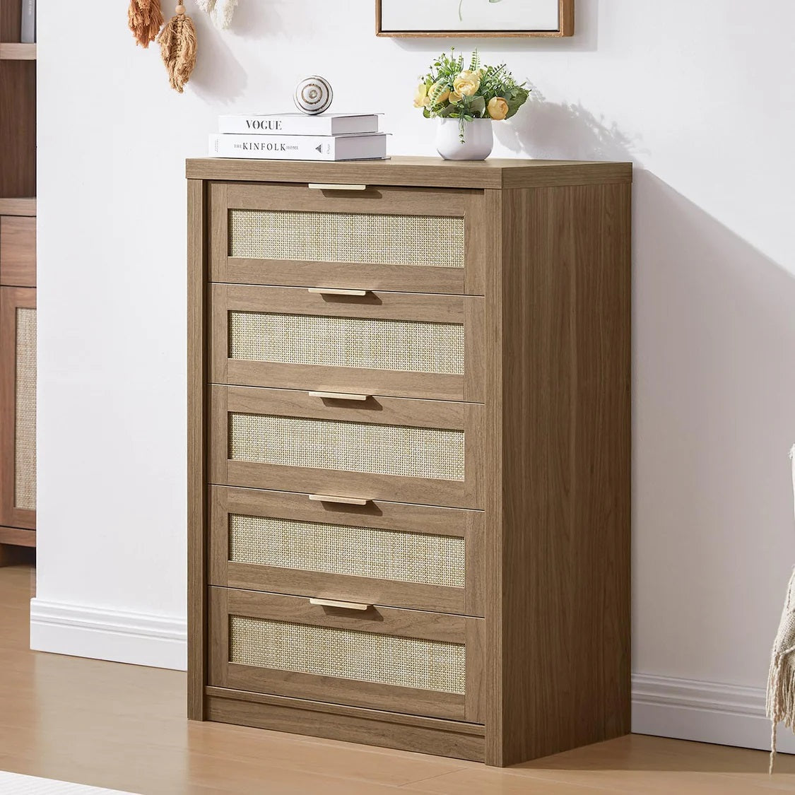 5 Drawers Dresser Tallboy Storage Cabinet/Rattan Drawers/Hallway Console Table Walnut