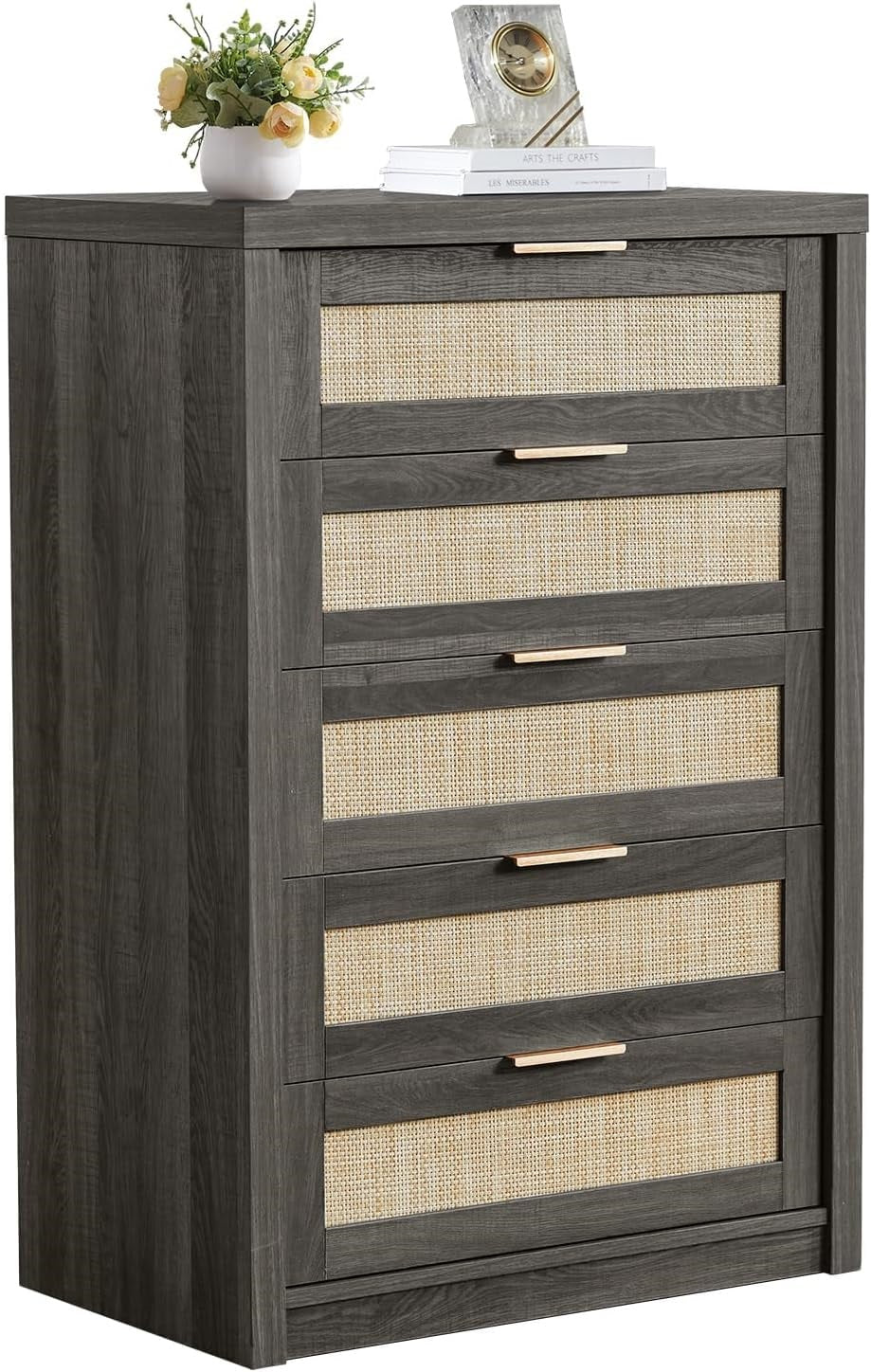 5 Drawers Dresser Tallboy Storage Cabinet/Rattan Drawers/Hallway Console Table Midnight Oak