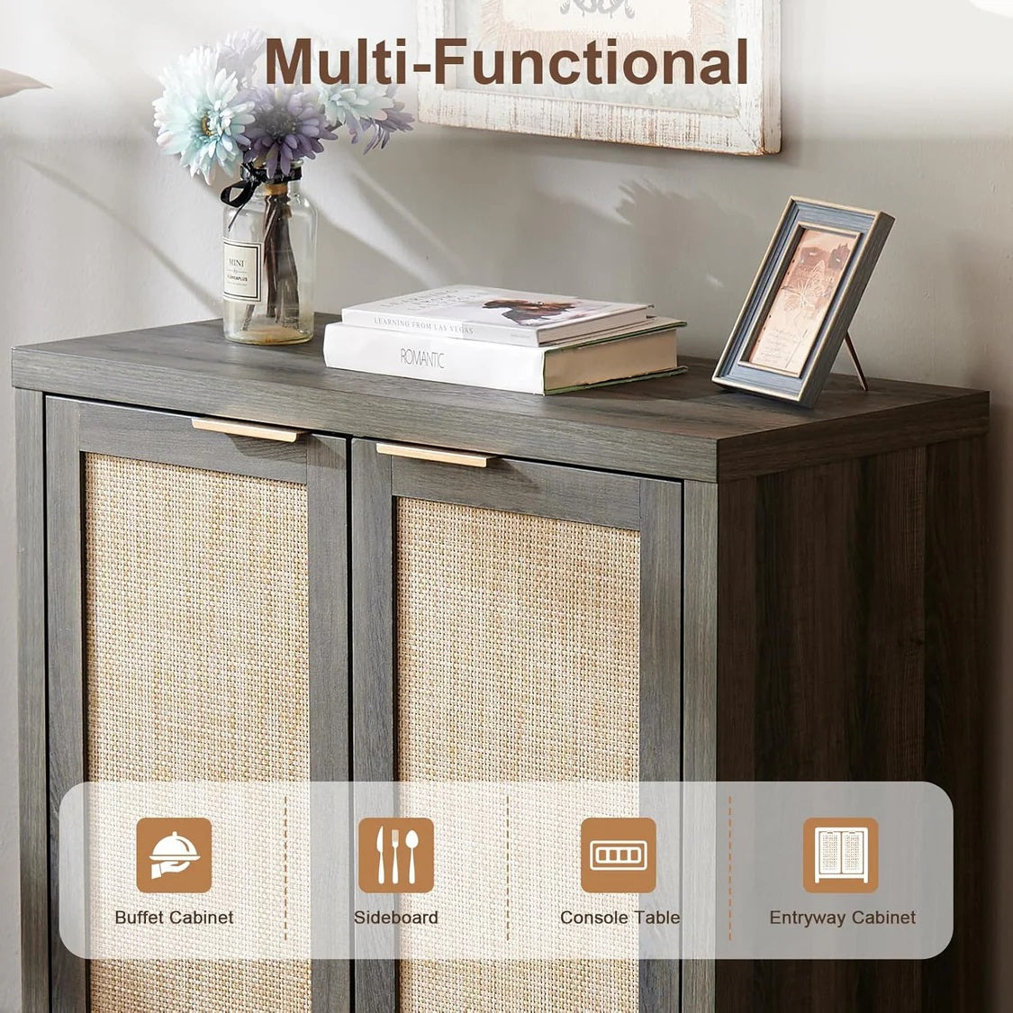 Hampstead Shoe Cabinet/Buffet/Sideboard/Accent Cabinet with Rattan Doors Midnight Oak