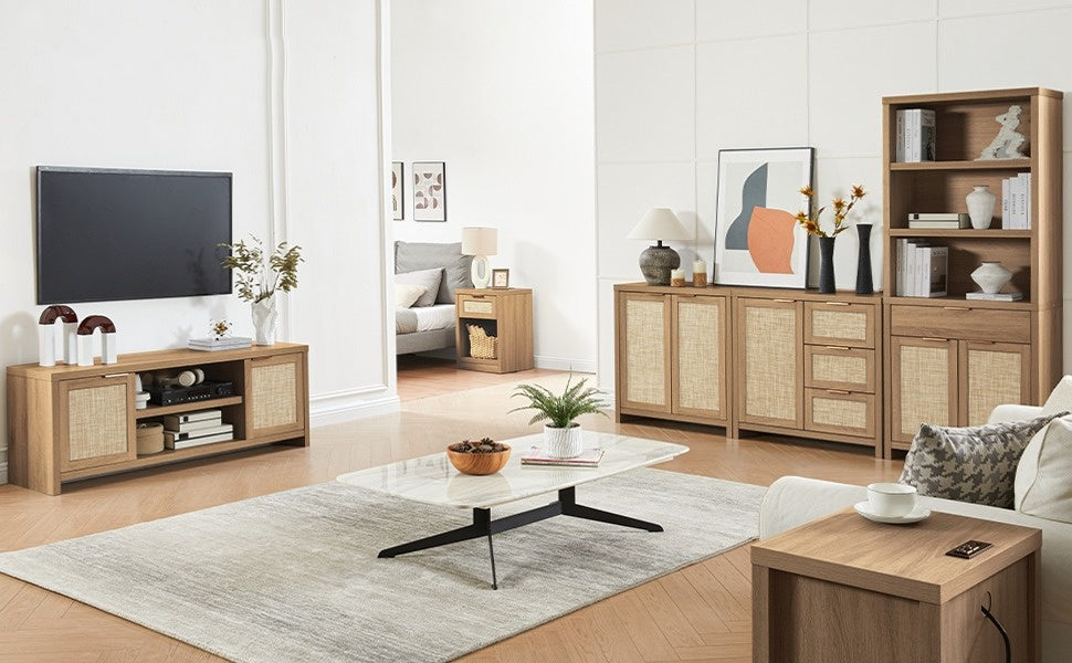 Hampstead Shoe Cabinet/Buffet/Sideboard/Accent Cabinet with Rattan Doors Weathered Oak