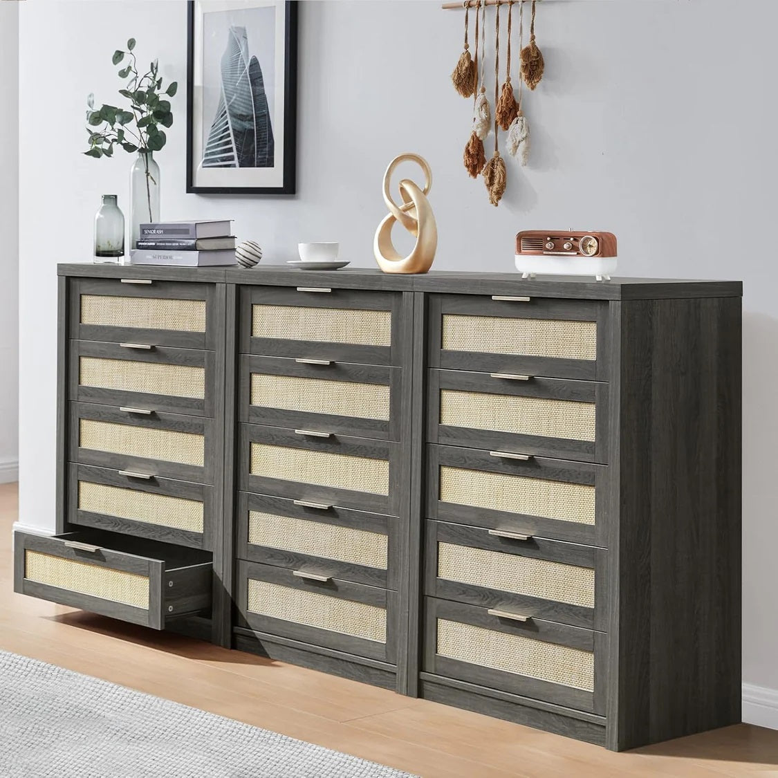 5 Drawers Dresser Tallboy Storage Cabinet/Rattan Drawers/Hallway Console Table Midnight Oak