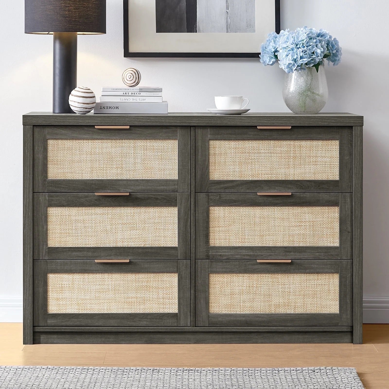 Tallboy Hallway Console Table/Rattan Storage Sideboard Chest of Drawers Midnight Oak