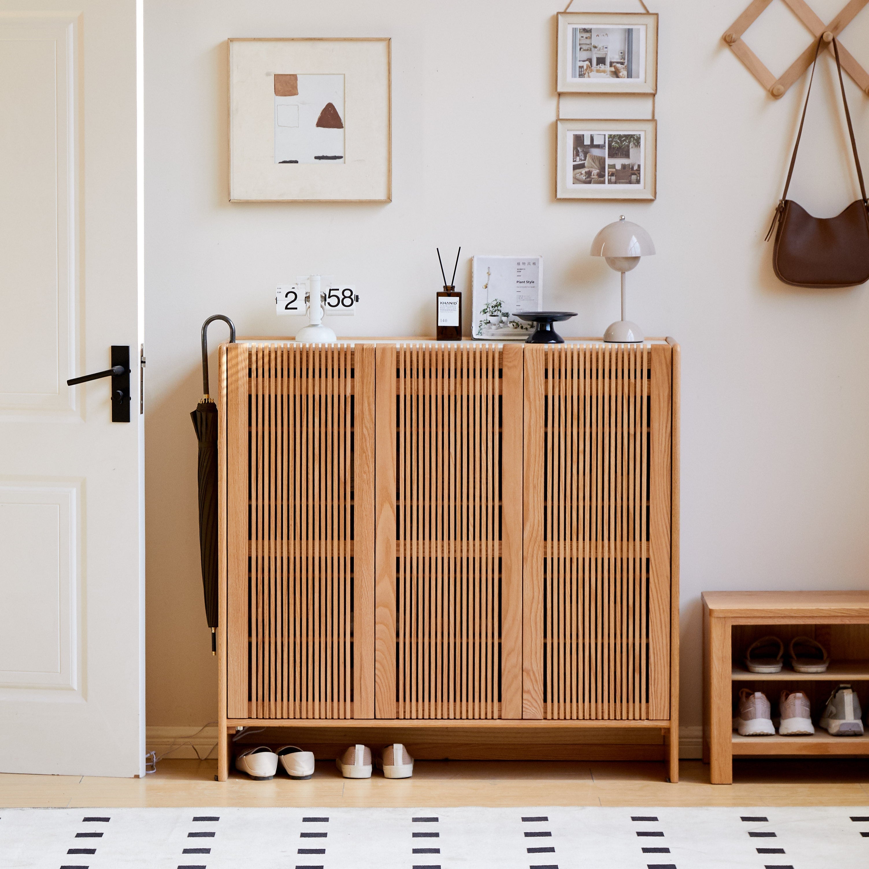 Rhys FAS-Graded Solid American Oak 3-Door Slatted Shoe Cabinet with Ceramic Top
