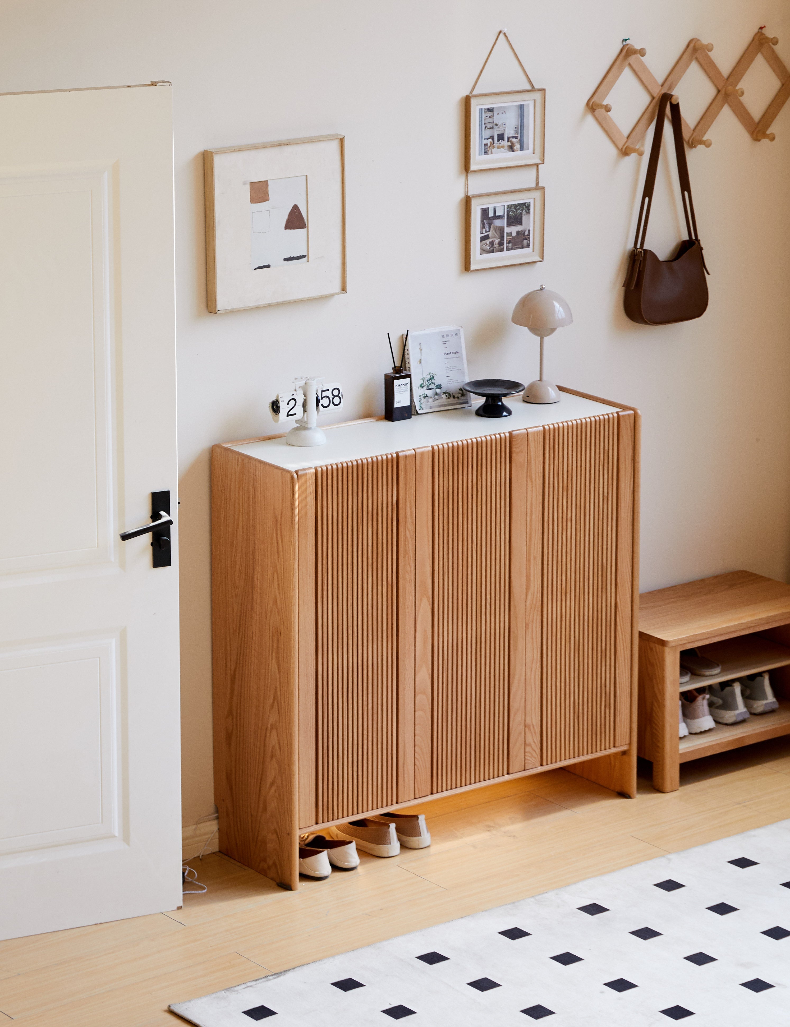 Rhys FAS-Graded Solid American Oak 3-Door Slatted Shoe Cabinet with Ceramic Top