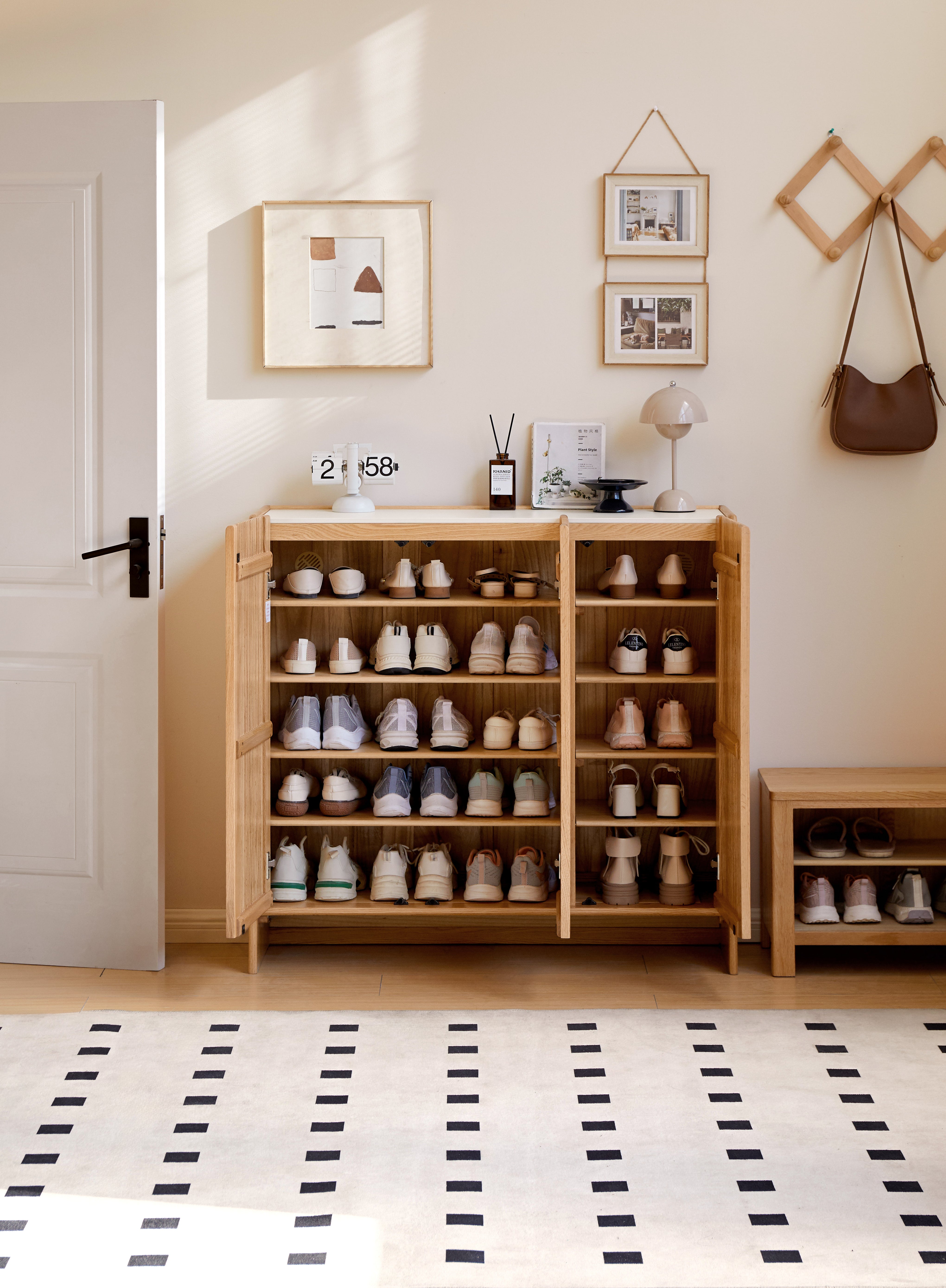 Rhys FAS-Graded Solid American Oak 3-Door Slatted Shoe Cabinet with Ceramic Top