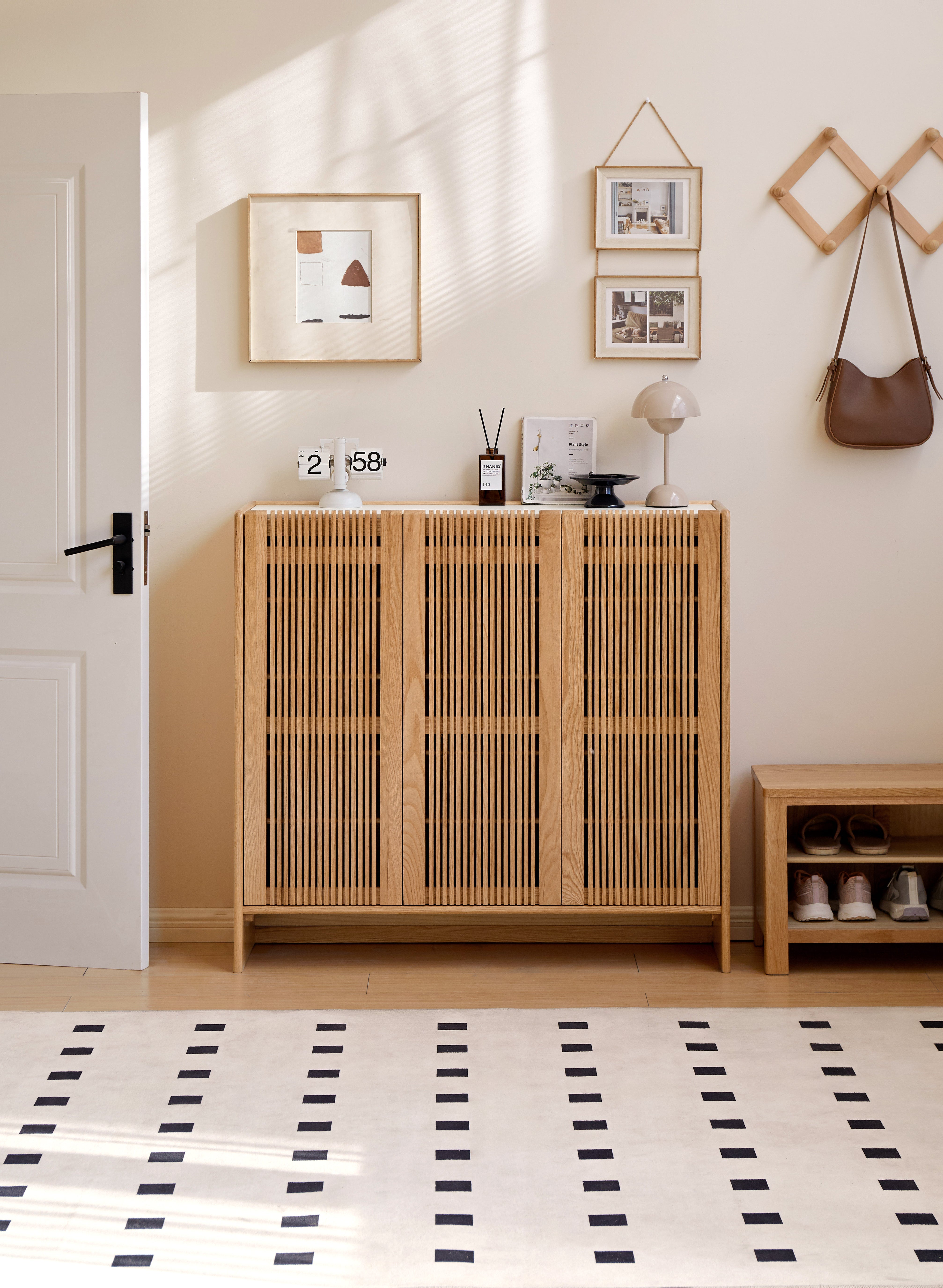 Rhys FAS-Graded Solid American Oak 3-Door Slatted Shoe Cabinet with Ceramic Top