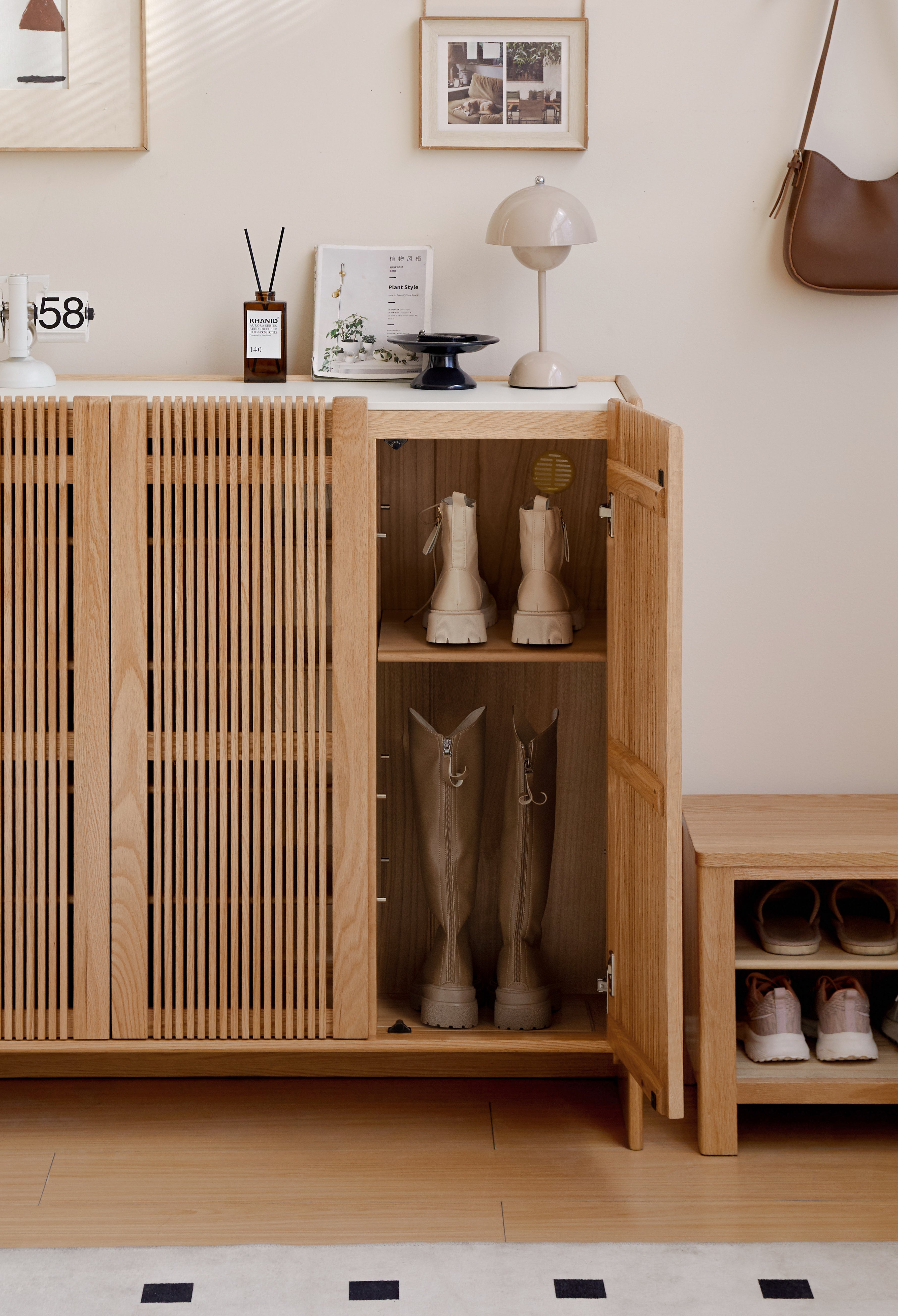 Rhys FAS-Graded Solid American Oak 3-Door Slatted Shoe Cabinet with Ceramic Top