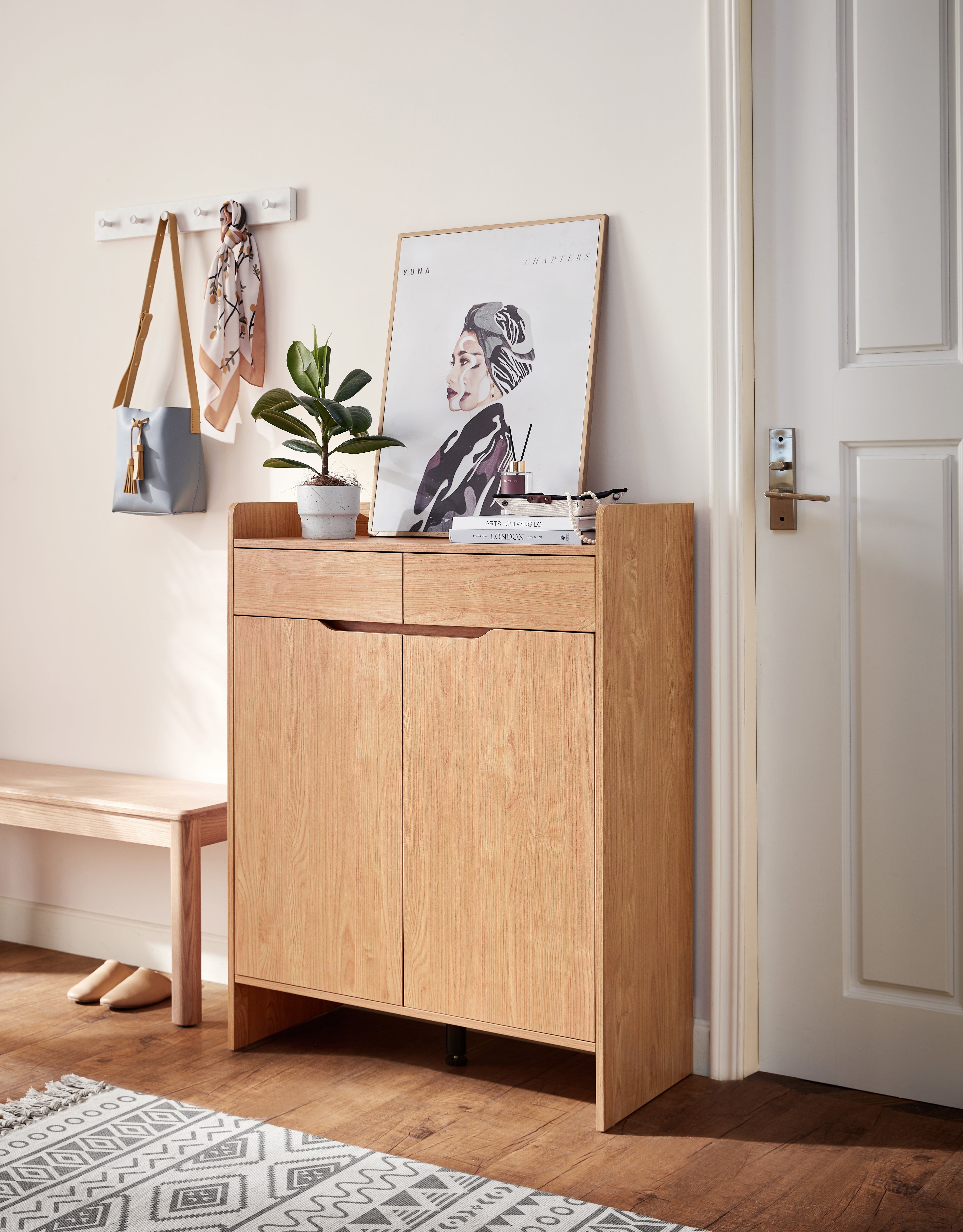 Burgis Natural Wood Color Shoe Cabinet with Drawers/Entryway Cabinet/80cm