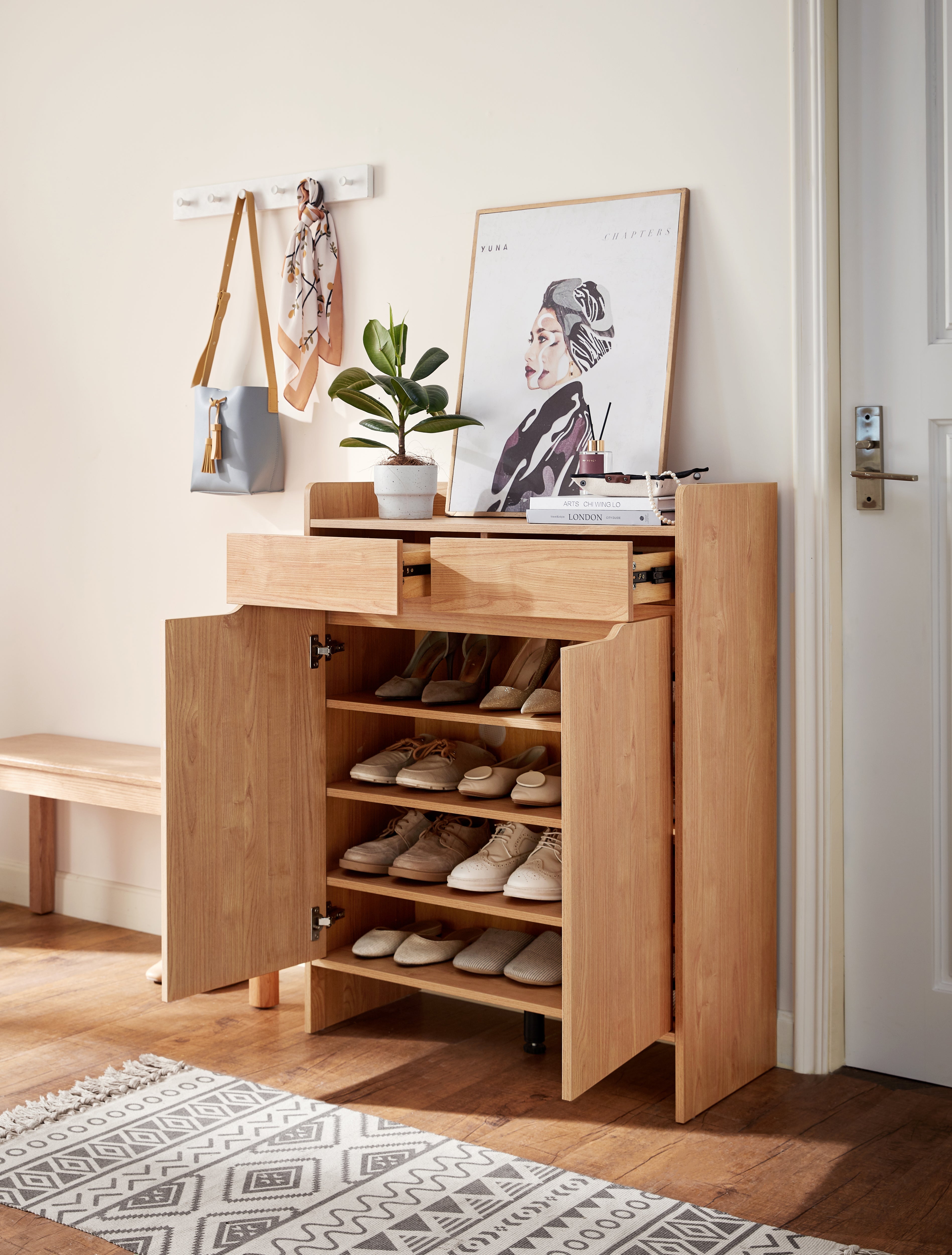 Burgis Natural Wood Color Shoe Cabinet with Drawers/Entryway Cabinet/80cm