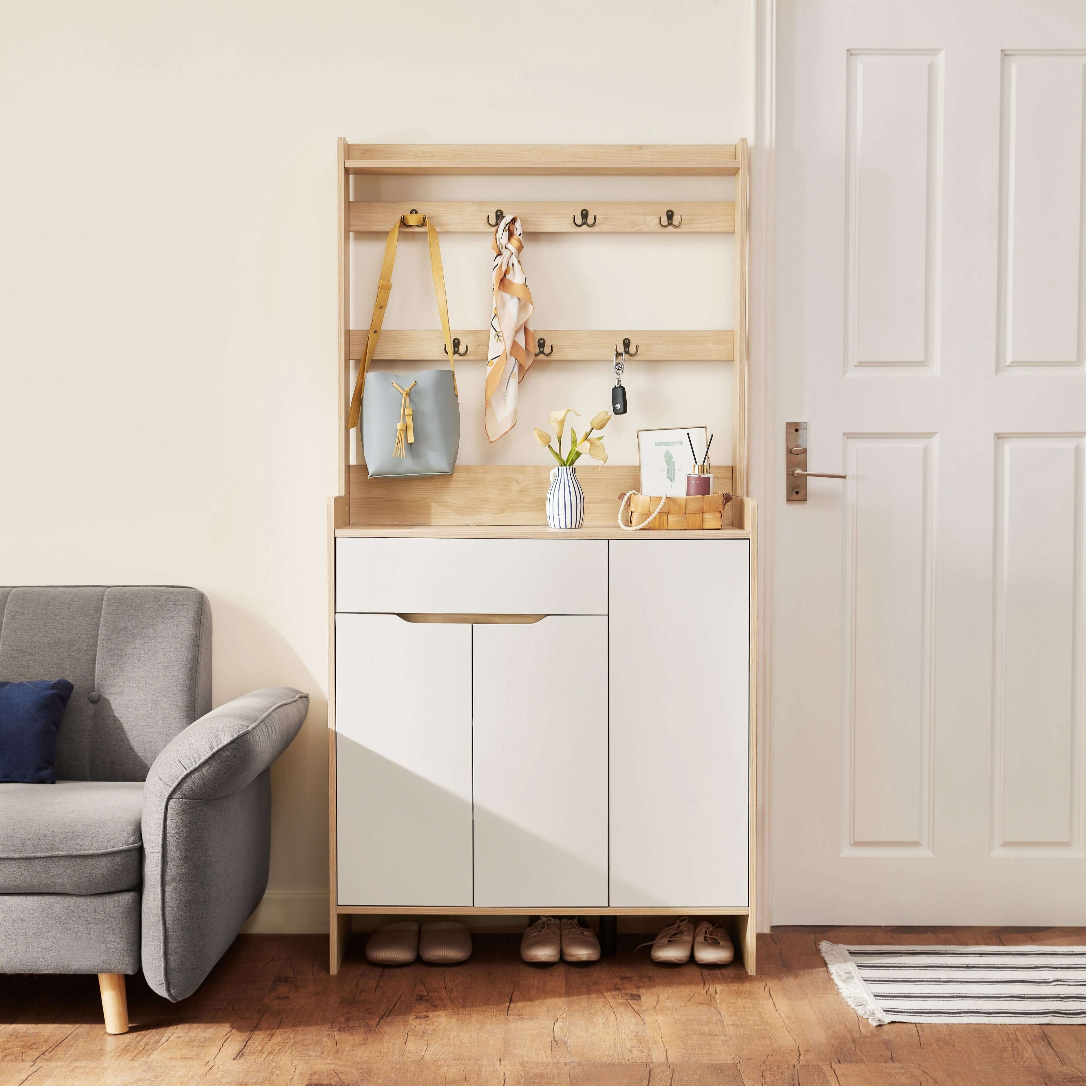 Oak Timber Entryway Storage/Shoe Cabinet with Bag Hanger/60CM/90CM