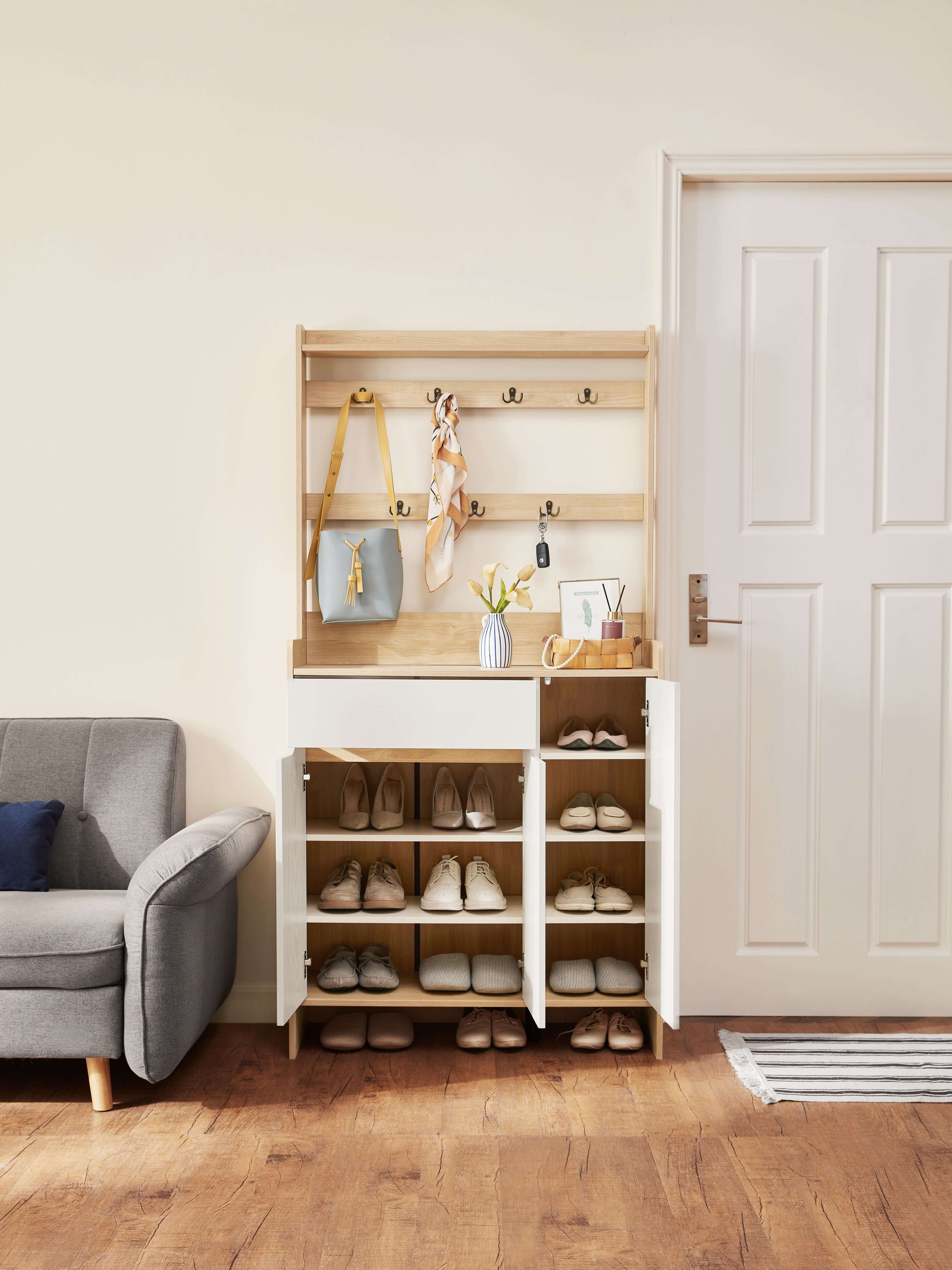 Oak Timber Entryway Storage/Shoe Cabinet with Bag Hanger/60CM/90CM