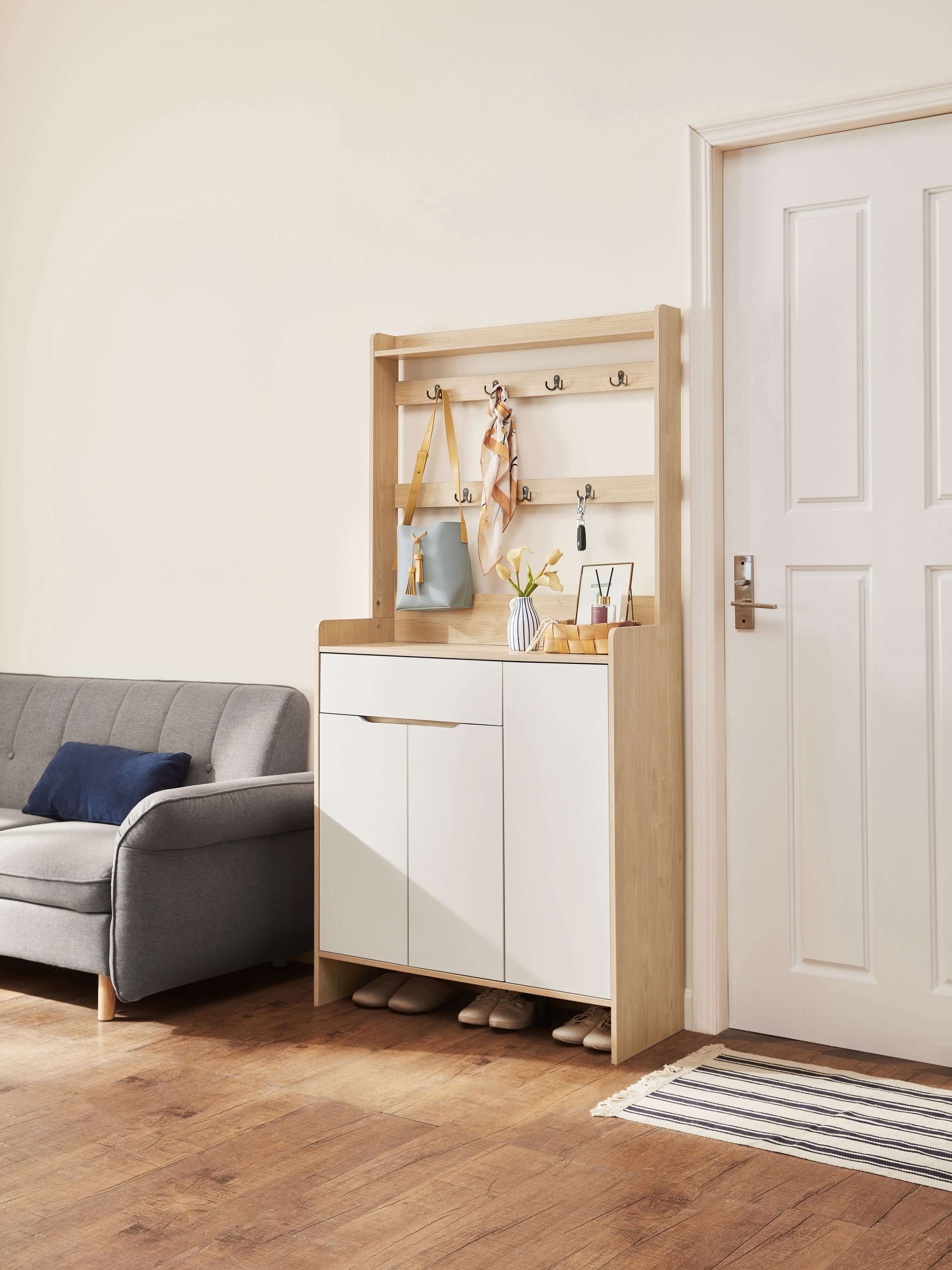 Oak Timber Entryway Storage/Shoe Cabinet with Bag Hanger/60CM/90CM