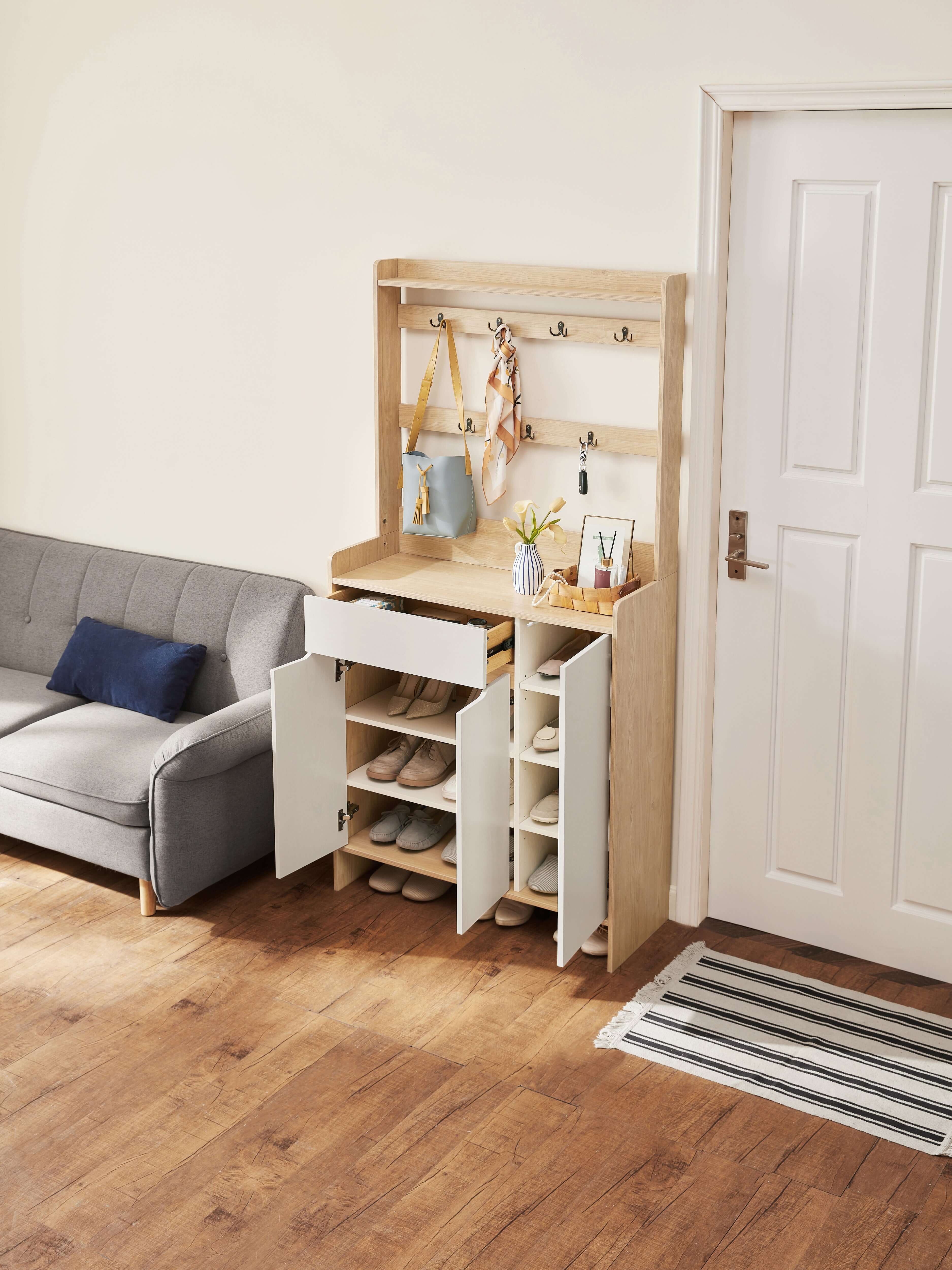 Oak Timber Entryway Storage/Shoe Cabinet with Bag Hanger/60CM/90CM
