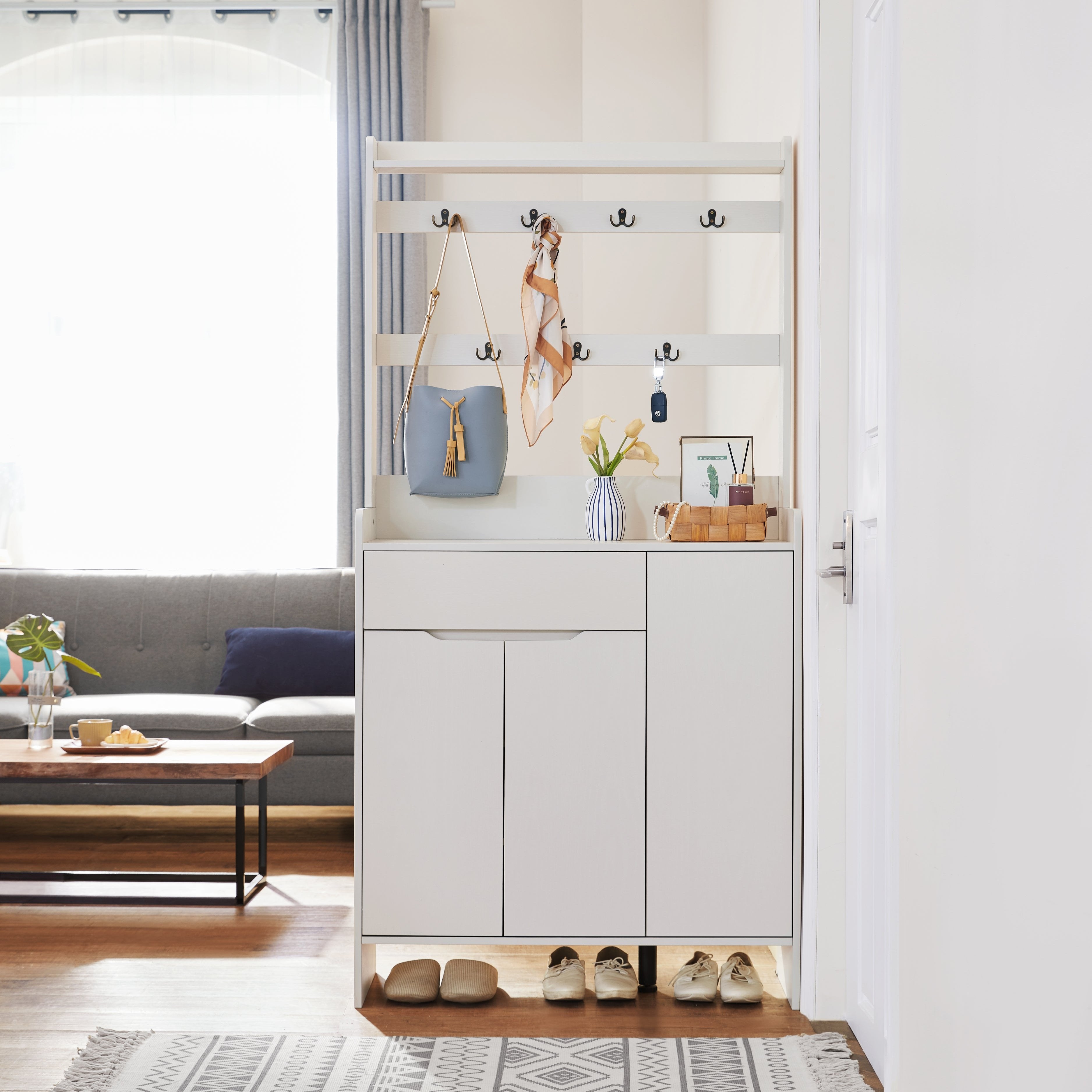 White Timber Entryway Storage/Shoe Cabinet with Bag Hanger/90cm