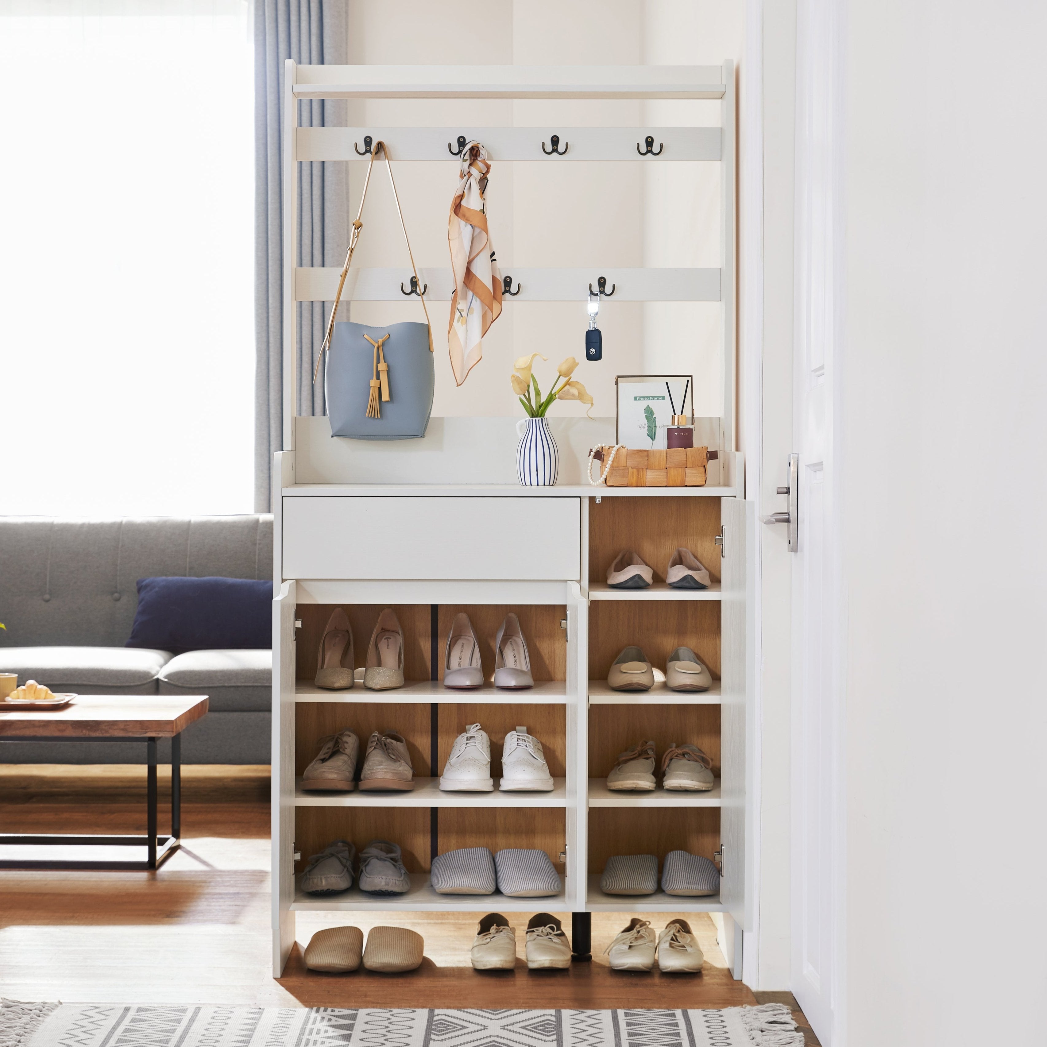 White Timber Entryway Storage/Shoe Cabinet with Bag Hanger/90cm