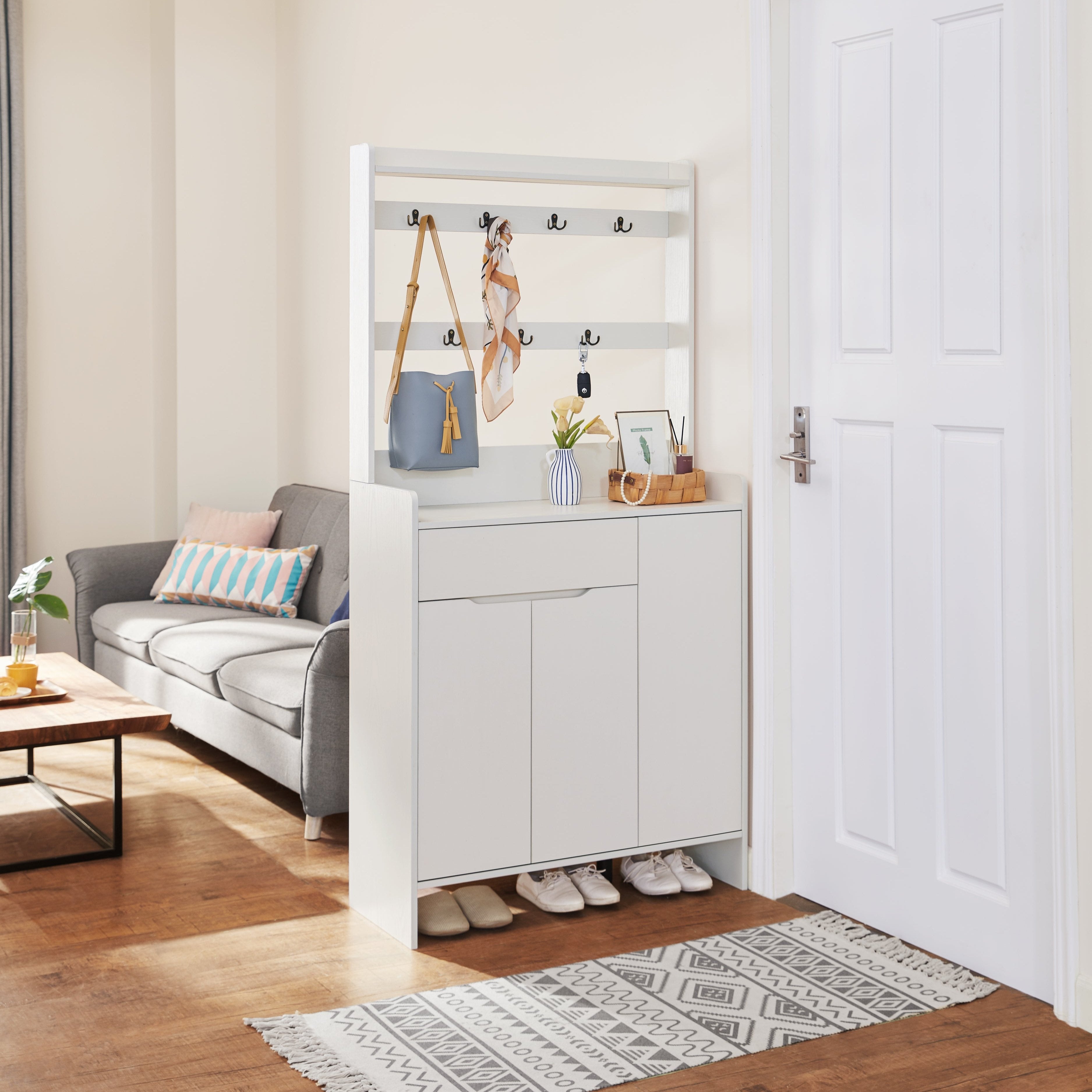 White Timber Entryway Storage/Shoe Cabinet with Bag Hanger/90cm