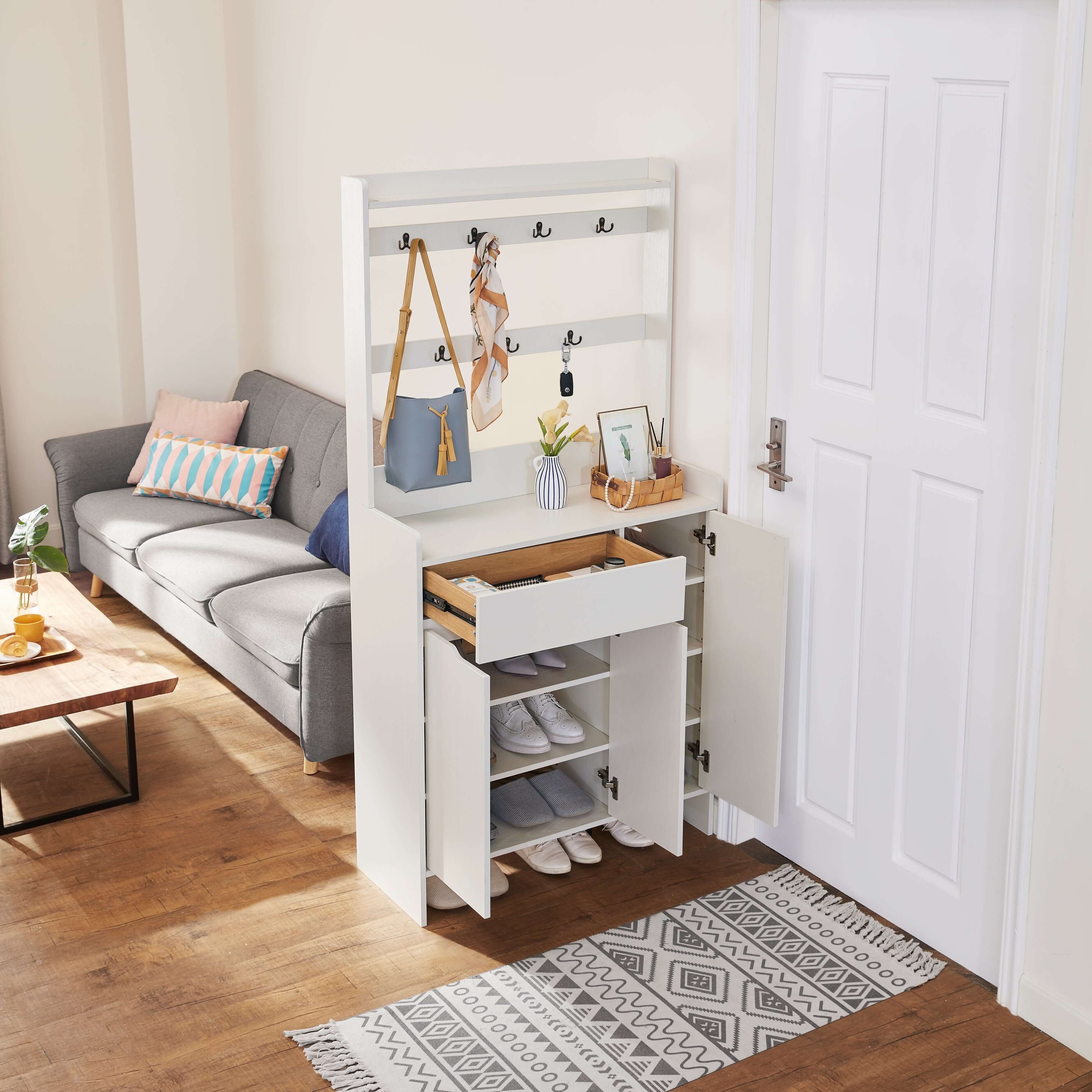 White Timber Entryway Storage/Shoe Cabinet with Bag Hanger/90cm