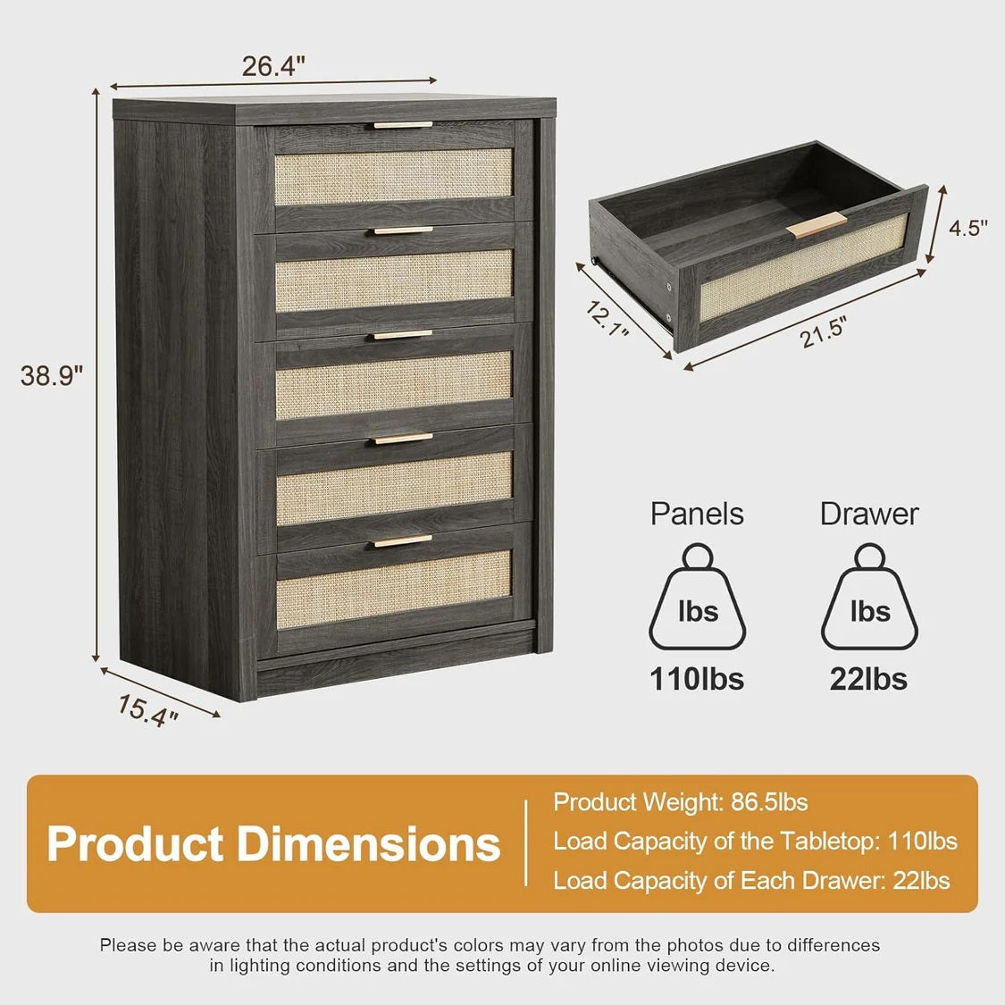 5 Drawers Dresser Tallboy Storage Cabinet/Rattan Drawers/Hallway Console Table Midnight Oak
